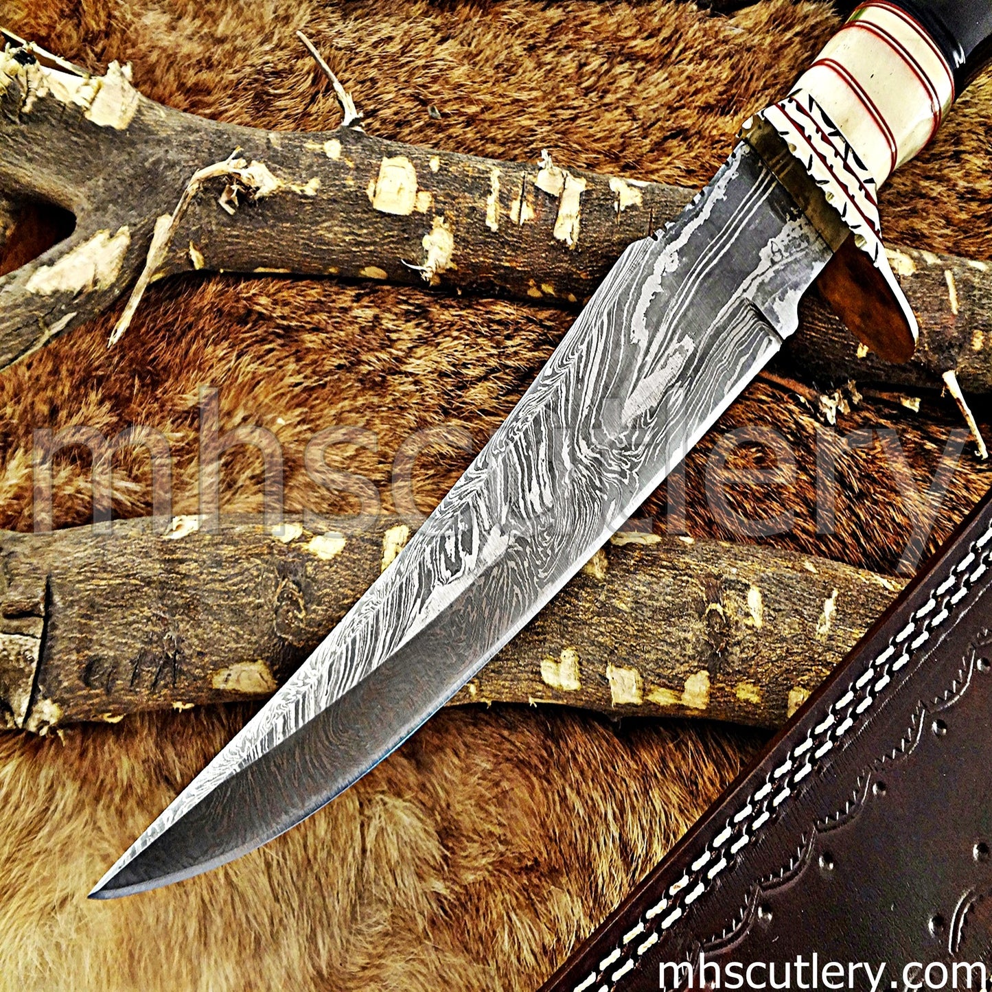 Damascus Steel Hunting Bowie Knife / Natural Handle