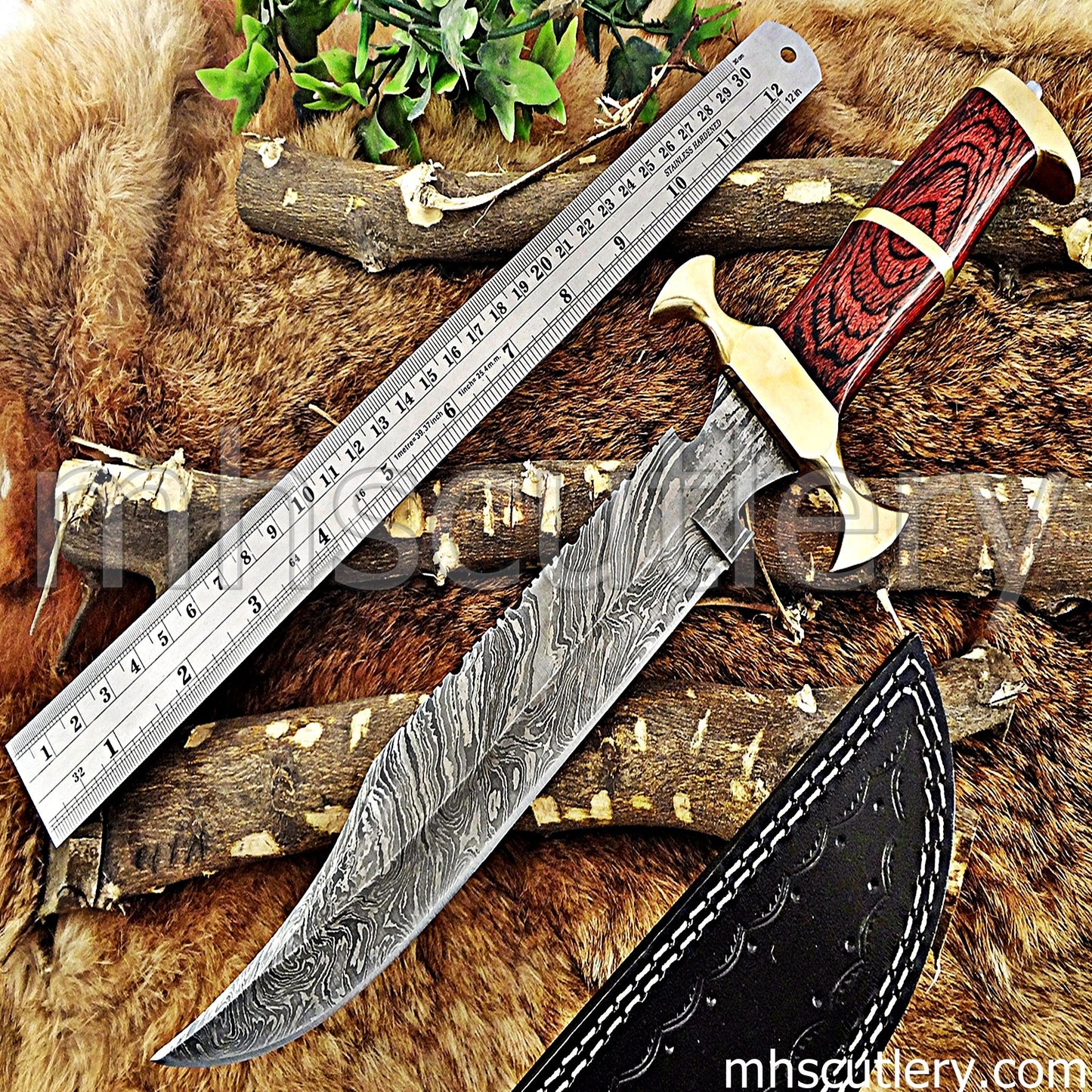 Damascus Steel Bowie Knife / Red Handle