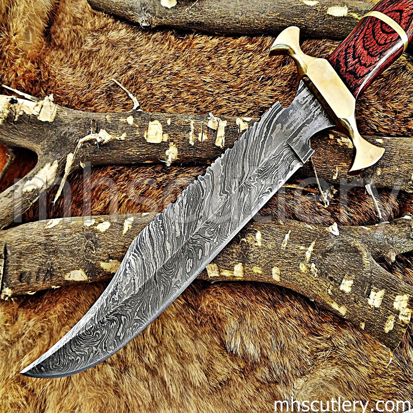 Damascus Steel Bowie Knife / Red Handle