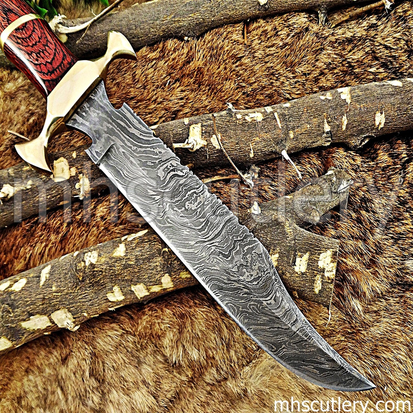 Damascus Steel Bowie Knife / Red Handle