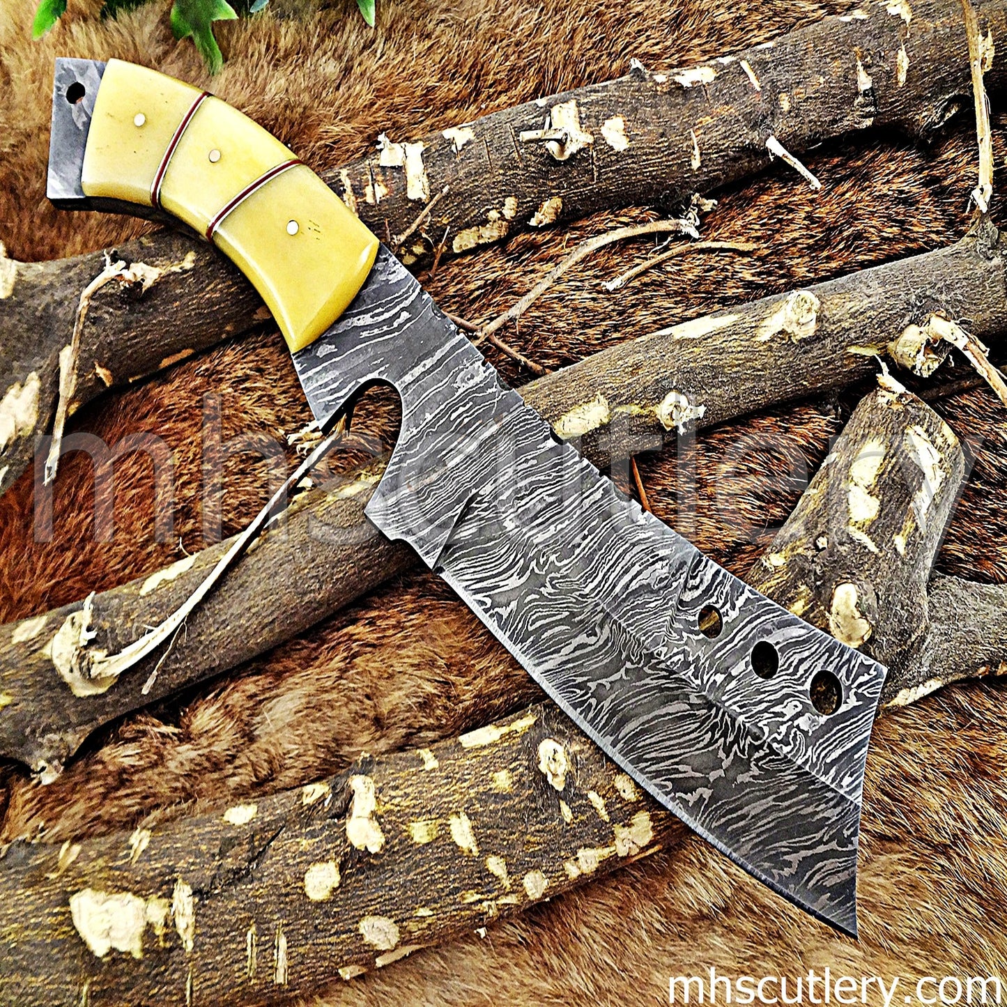 Damascus Steel Hunter Tanto Machete Knife / Bone Handle