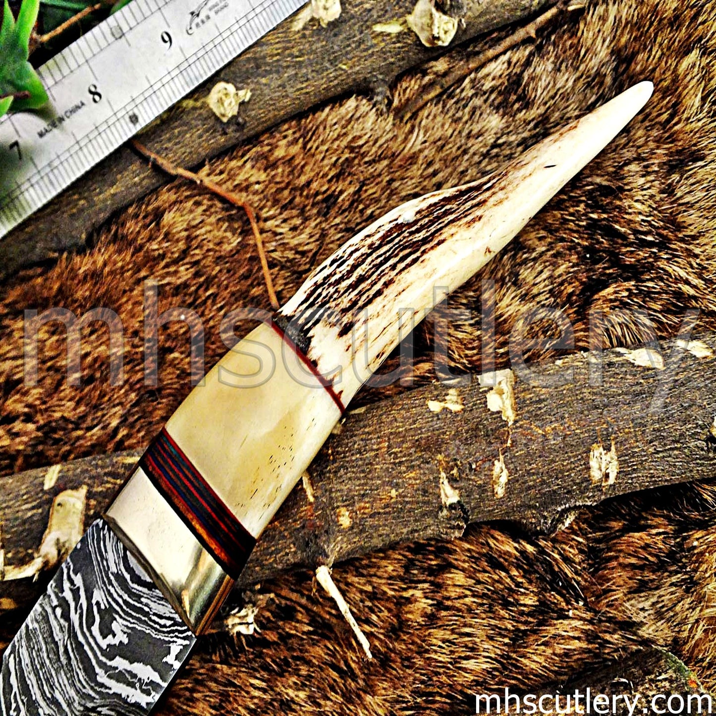 Handmade Damascus Steel Hunting Kukri With Antler Handle