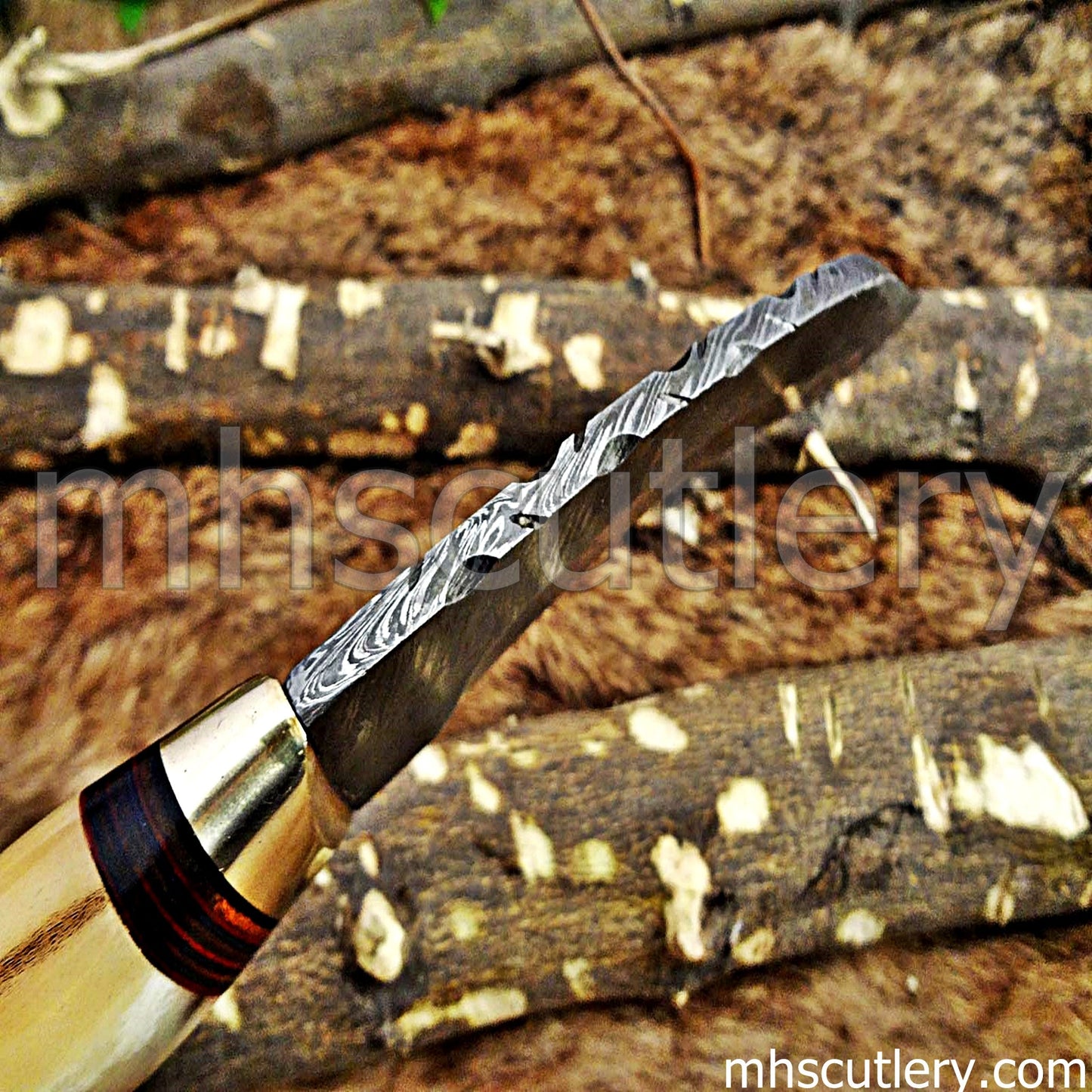 Handmade Damascus Steel Hunting Kukri With Antler Handle