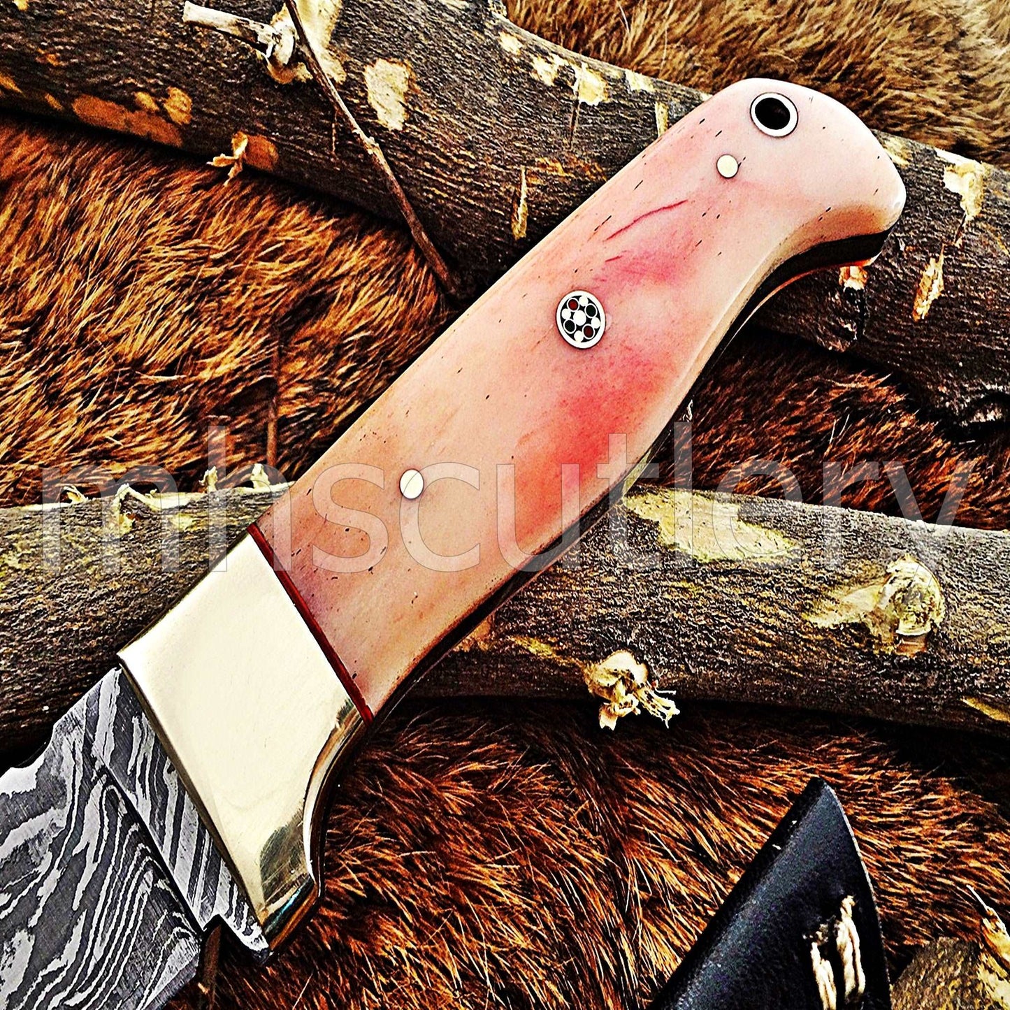 Custom Hand Forged Damascus Steel Hunter Skinner Knife / Pink Handle