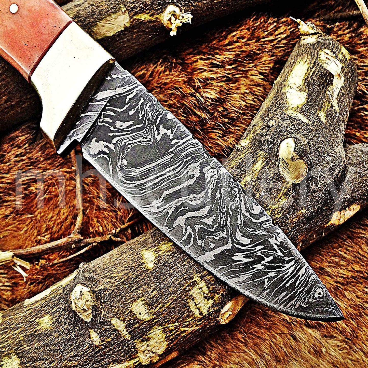 Custom Hand Forged Damascus Steel Hunter Skinner Knife / Pink Handle