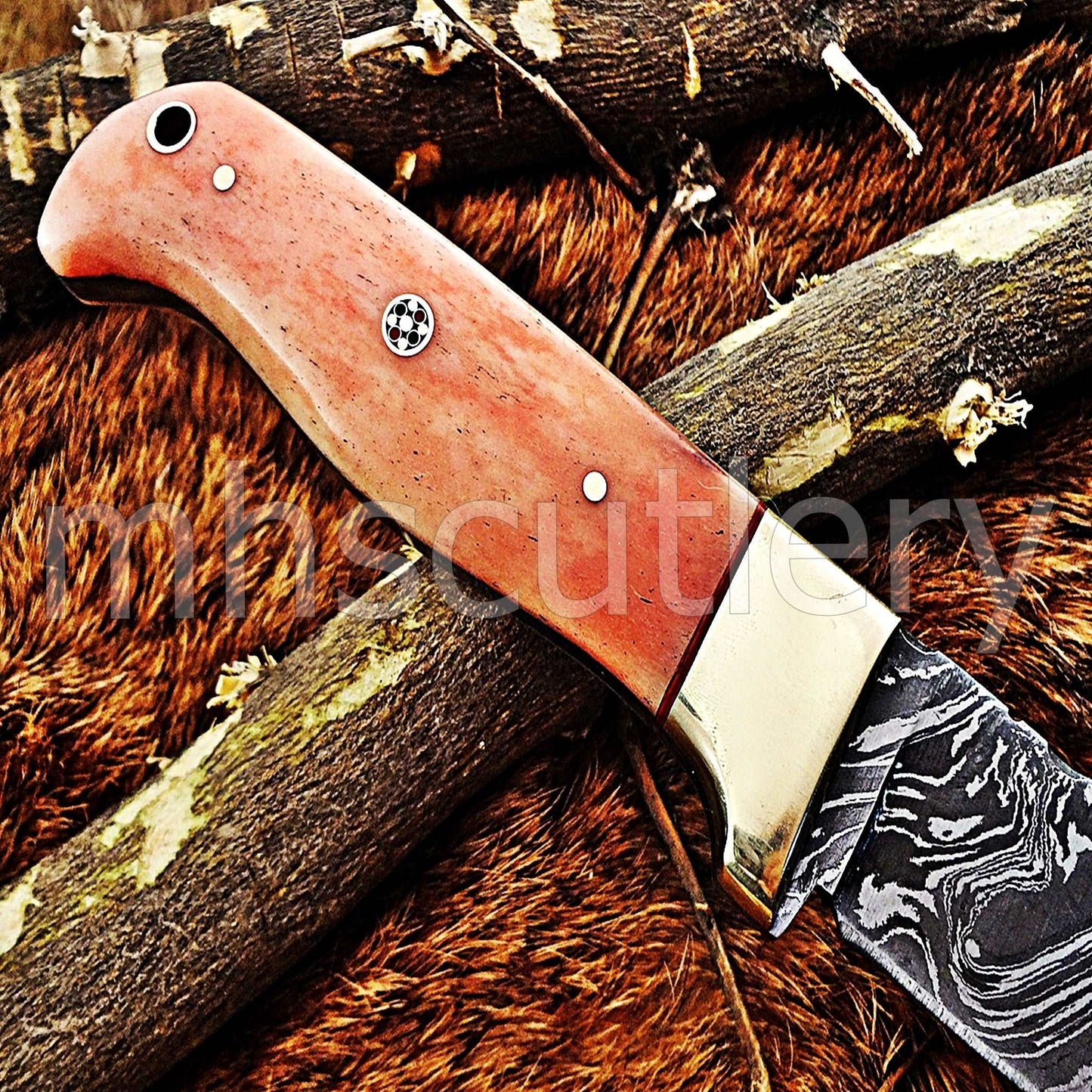 Custom Hand Forged Damascus Steel Hunter Skinner Knife / Pink Handle