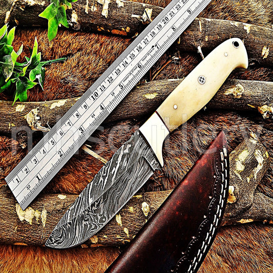 Damascus Steel Slim Skinner Knife / Bone Handle