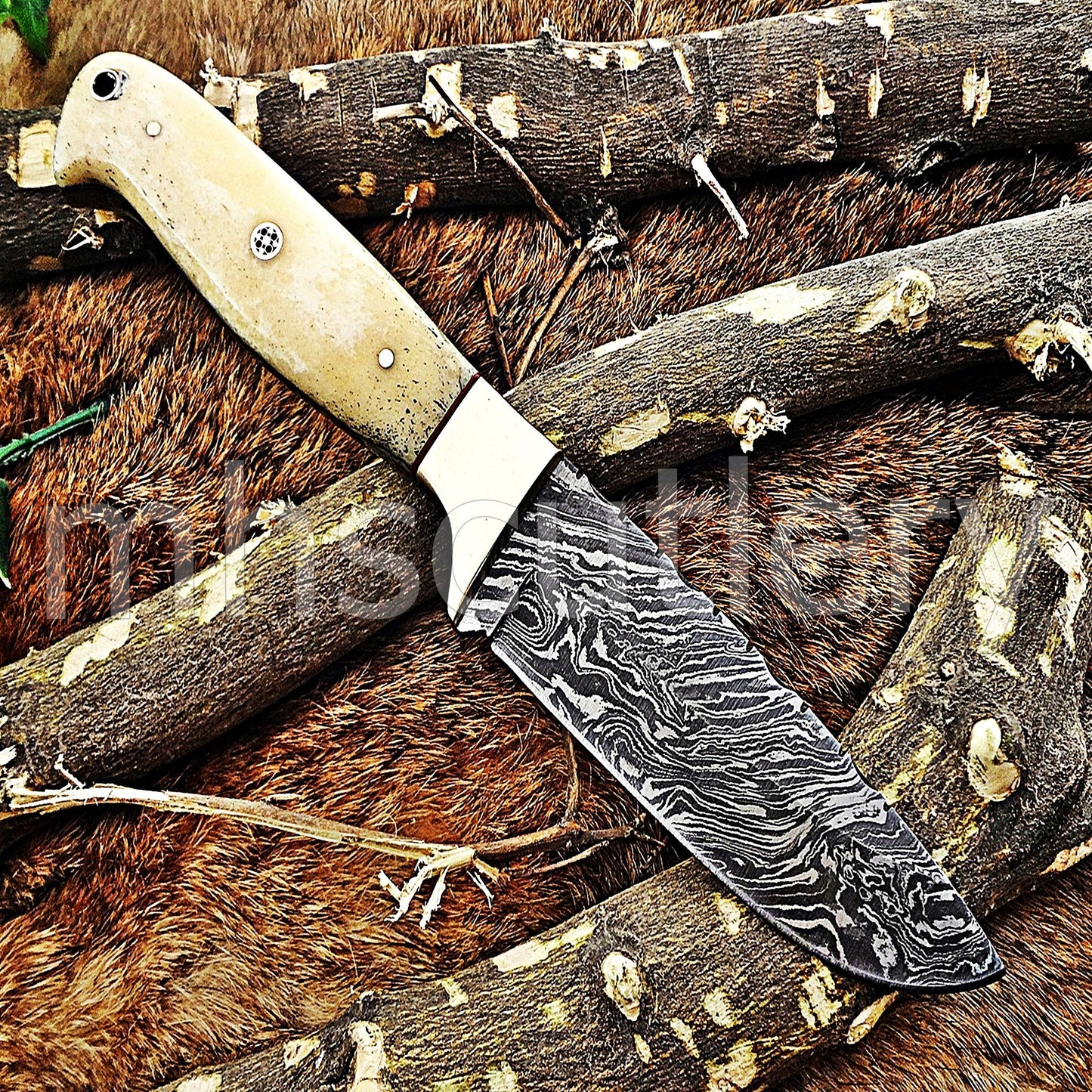 Damascus Steel Slim Skinner Knife / Bone Handle