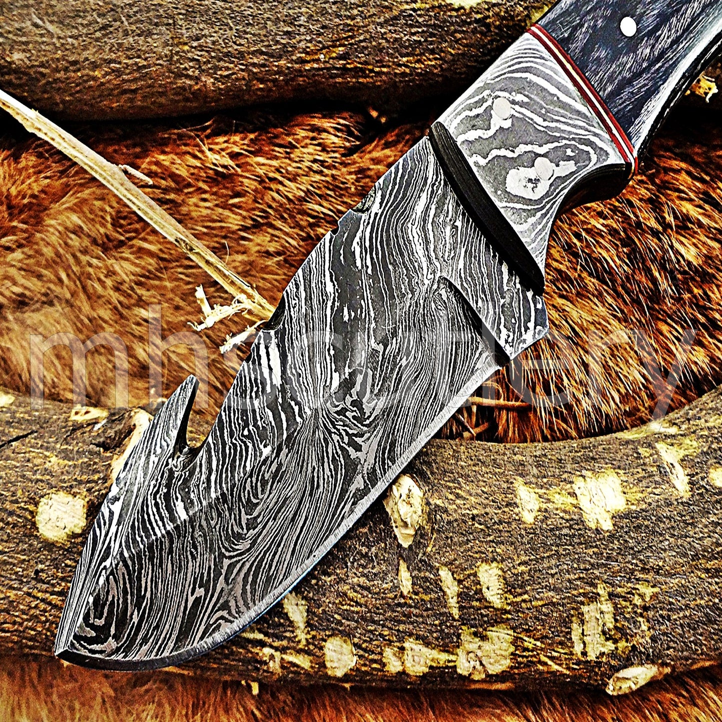 Damascus Steel Gut Hook Skinning Knife / Pakka Wood Handle