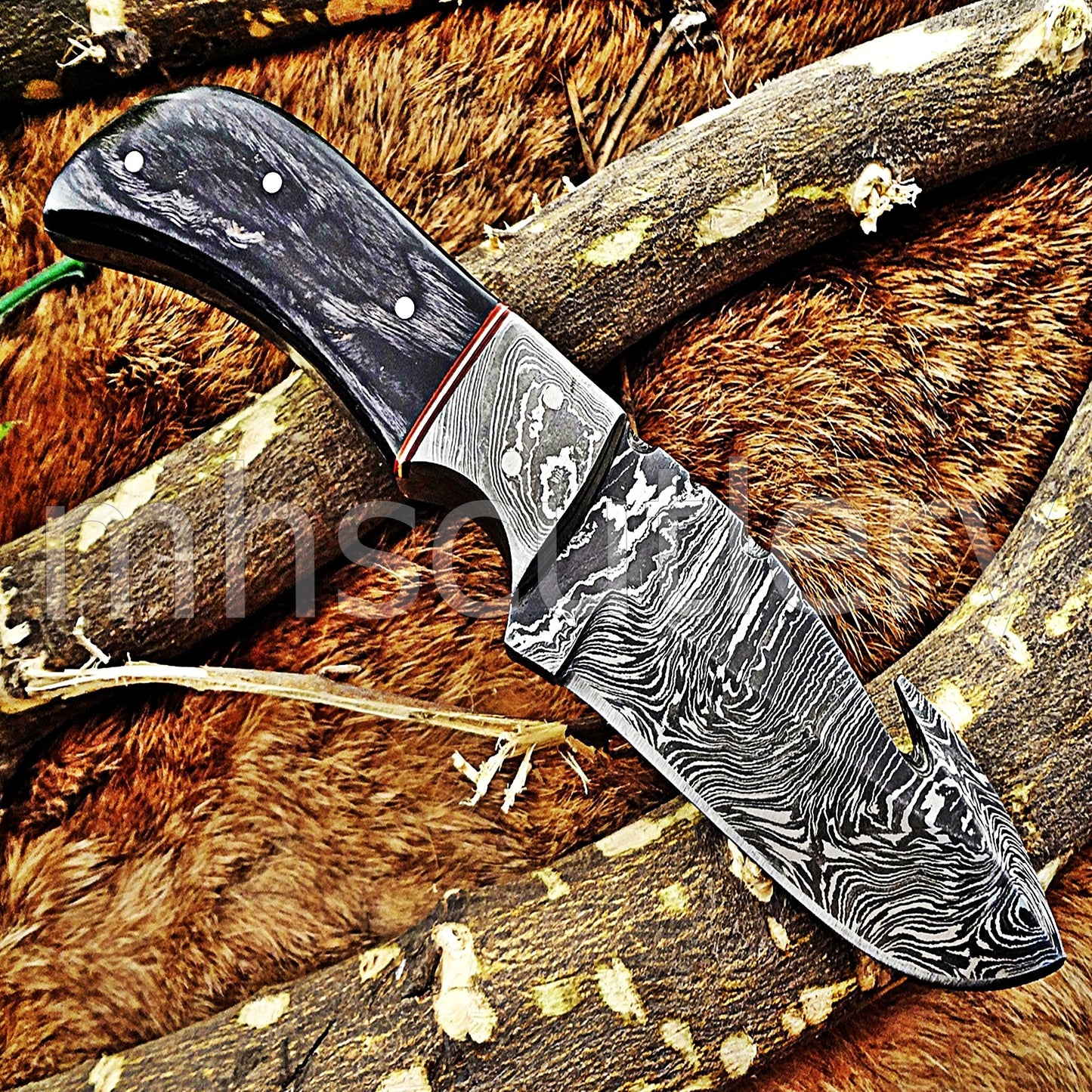 Damascus Steel Gut Hook Skinning Knife / Pakka Wood Handle