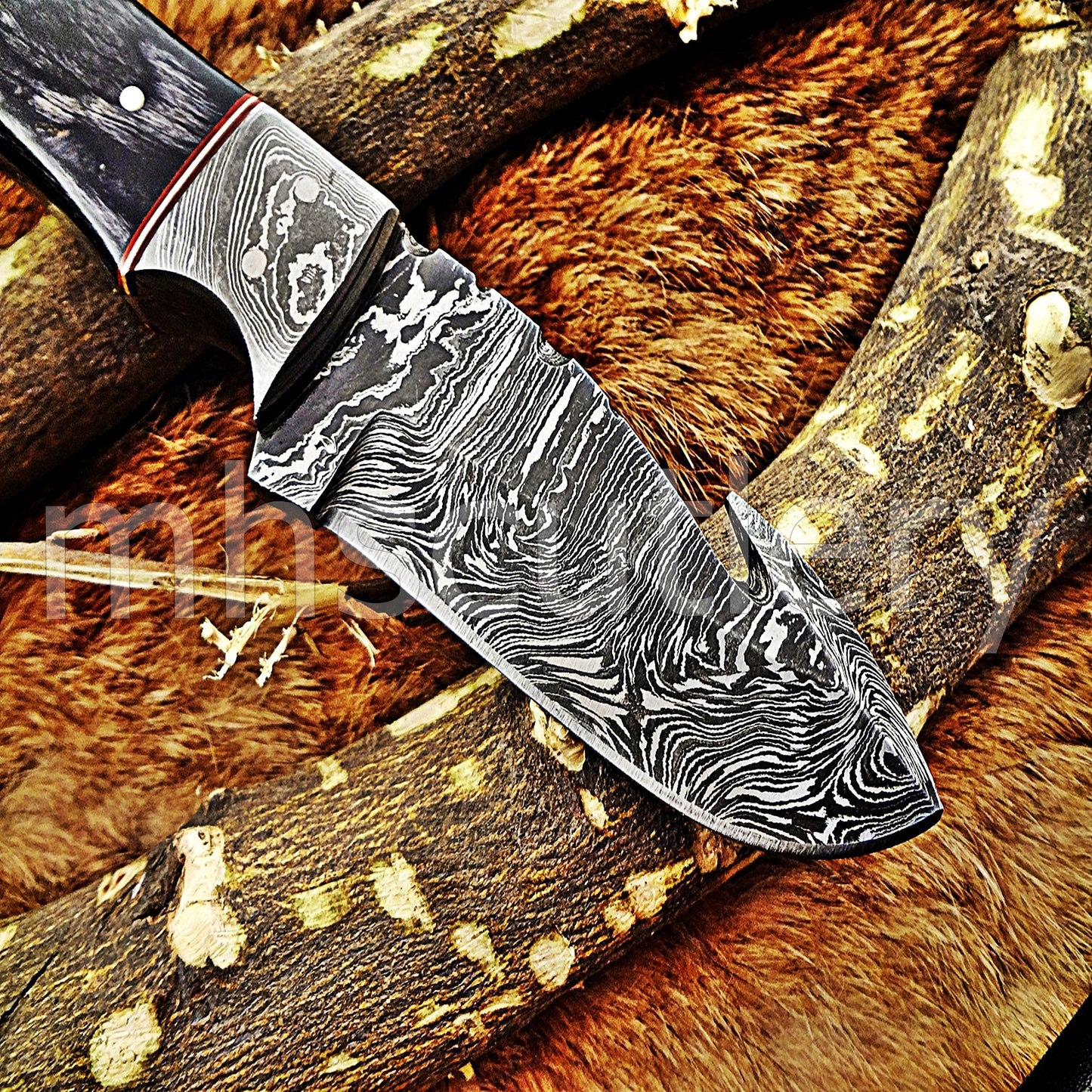 Damascus Steel Gut Hook Skinning Knife / Pakka Wood Handle