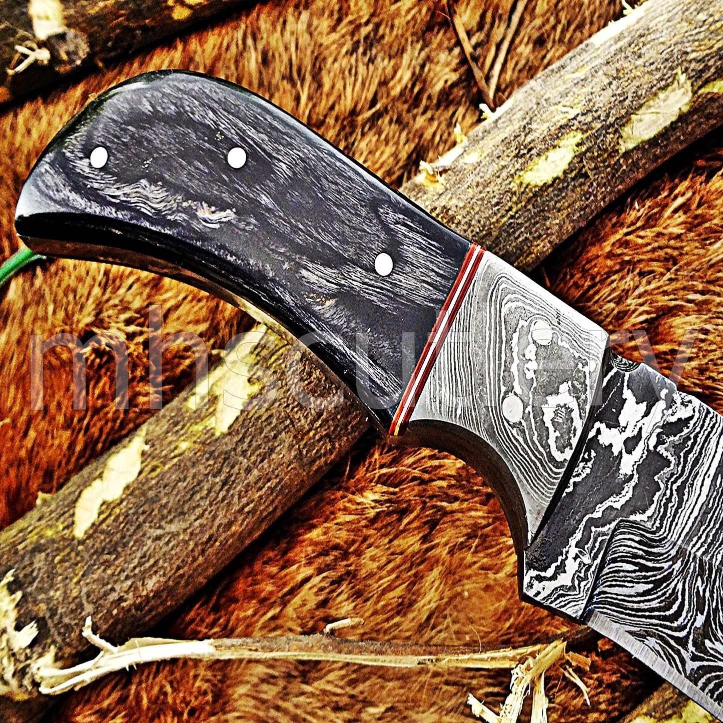 Damascus Steel Gut Hook Skinning Knife / Pakka Wood Handle