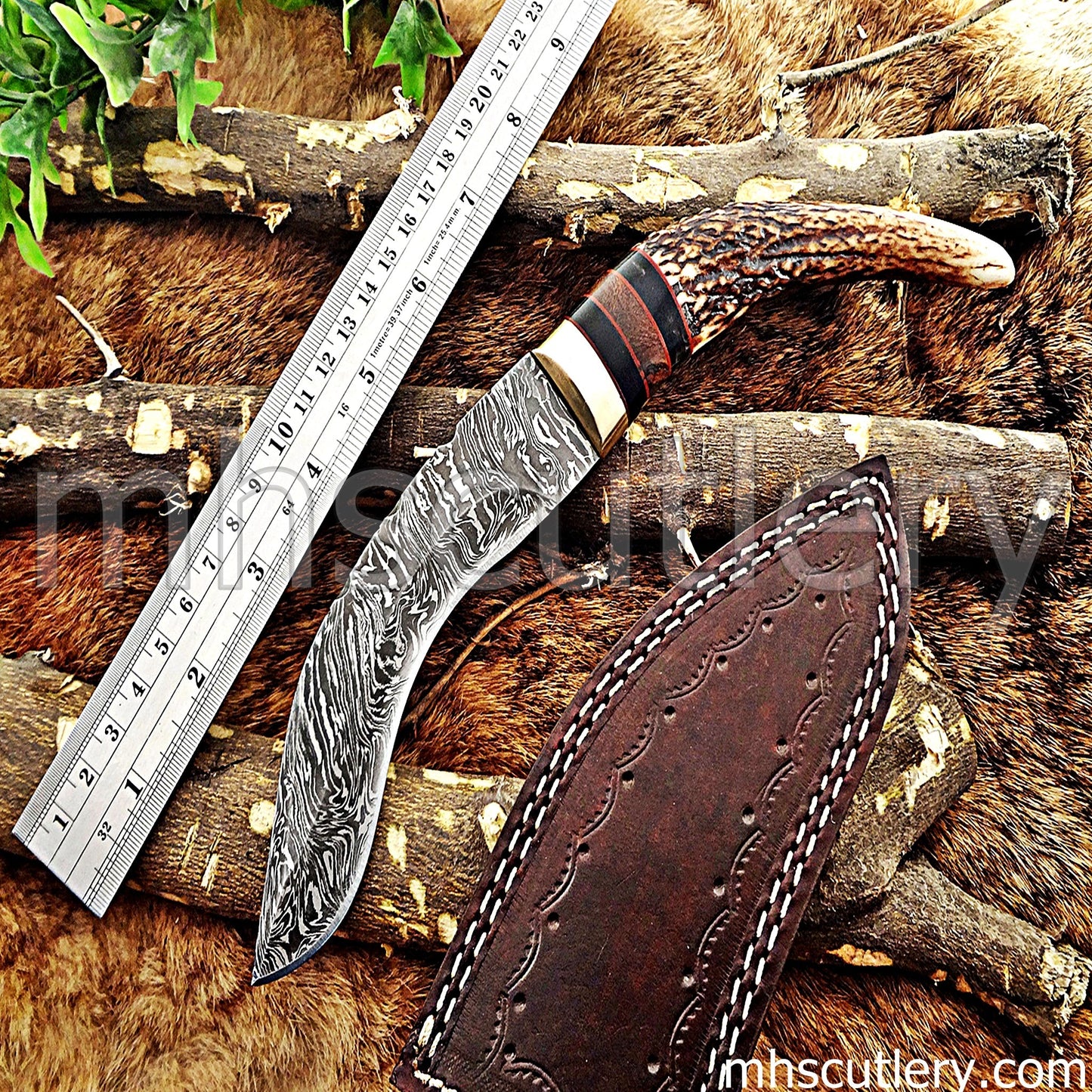 Handmade Damascus Steel Hunting Kukri Knife With Antler Handle