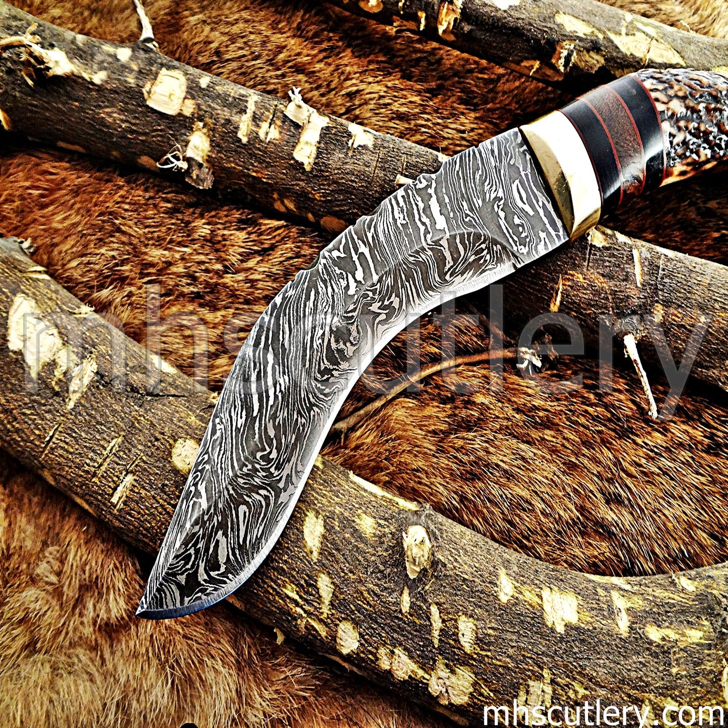 Handmade Damascus Steel Hunting Kukri Knife With Antler Handle