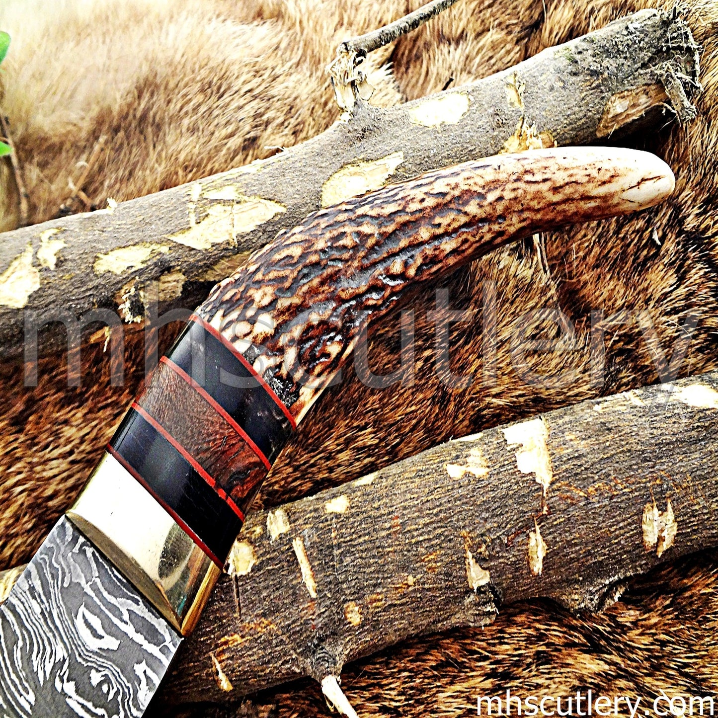 Handmade Damascus Steel Hunting Kukri Knife With Antler Handle