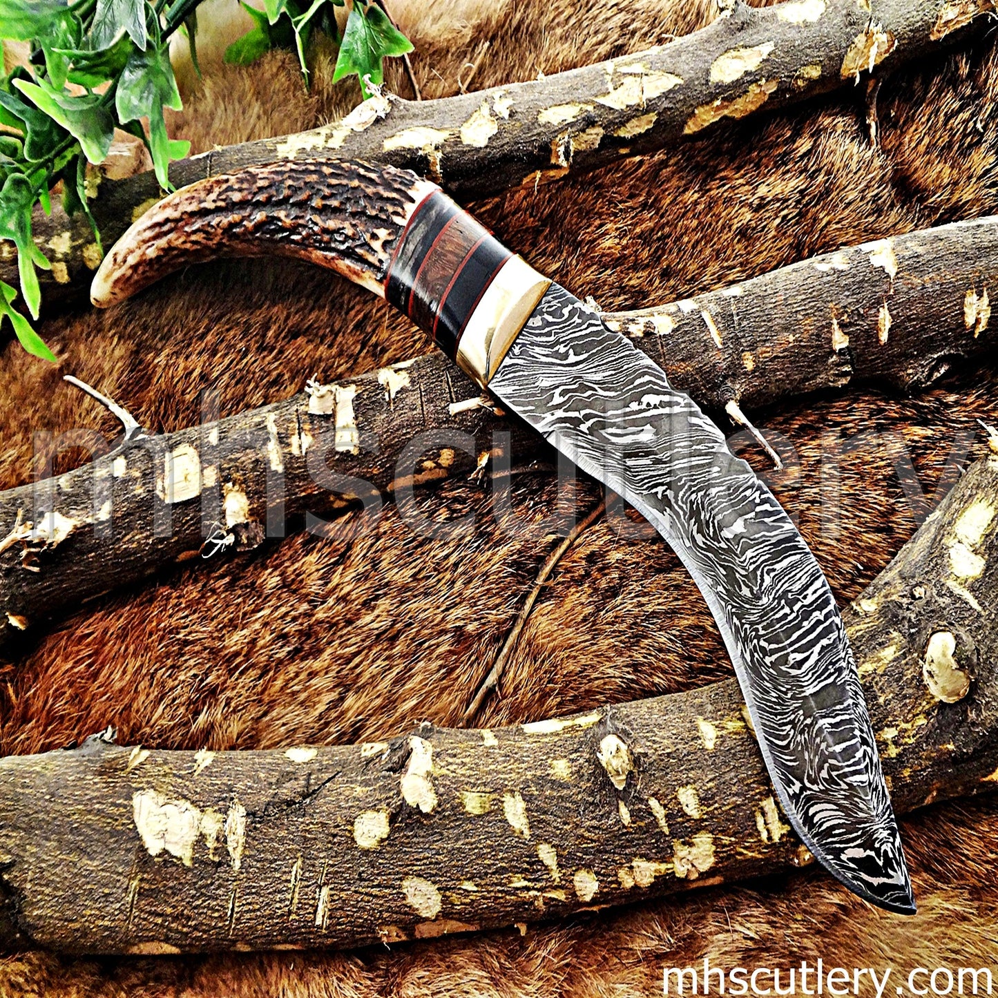 Handmade Damascus Steel Hunting Kukri Knife With Antler Handle