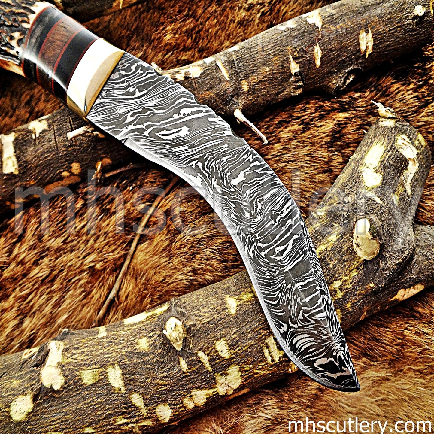 Handmade Damascus Steel Hunting Kukri Knife With Antler Handle