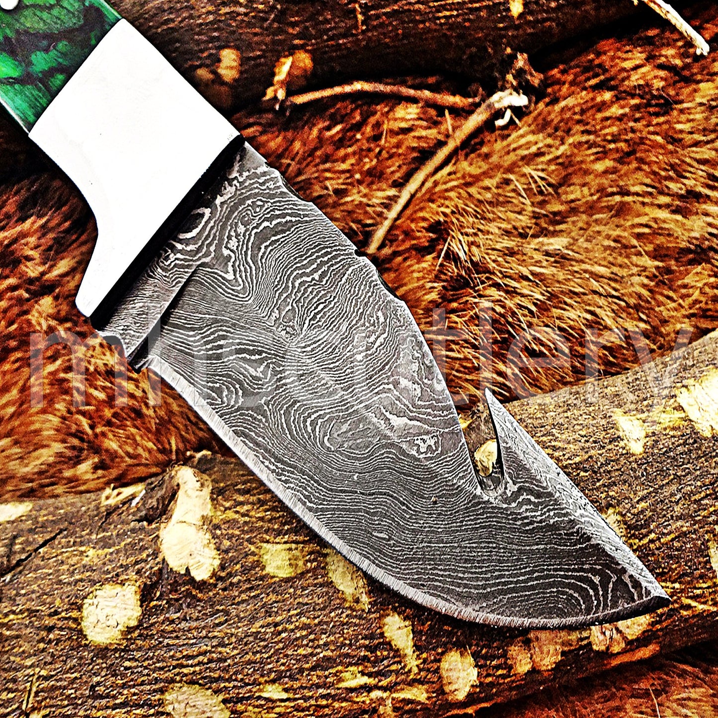 Hand Forged Damascus Steel Mini Gut Hook Skinner Hunting Knife