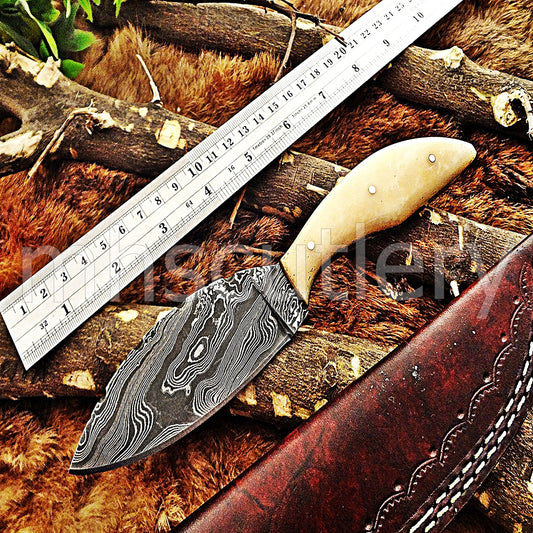 Custom Handmade Damascus Steel Skinner Knife / Bone Handle