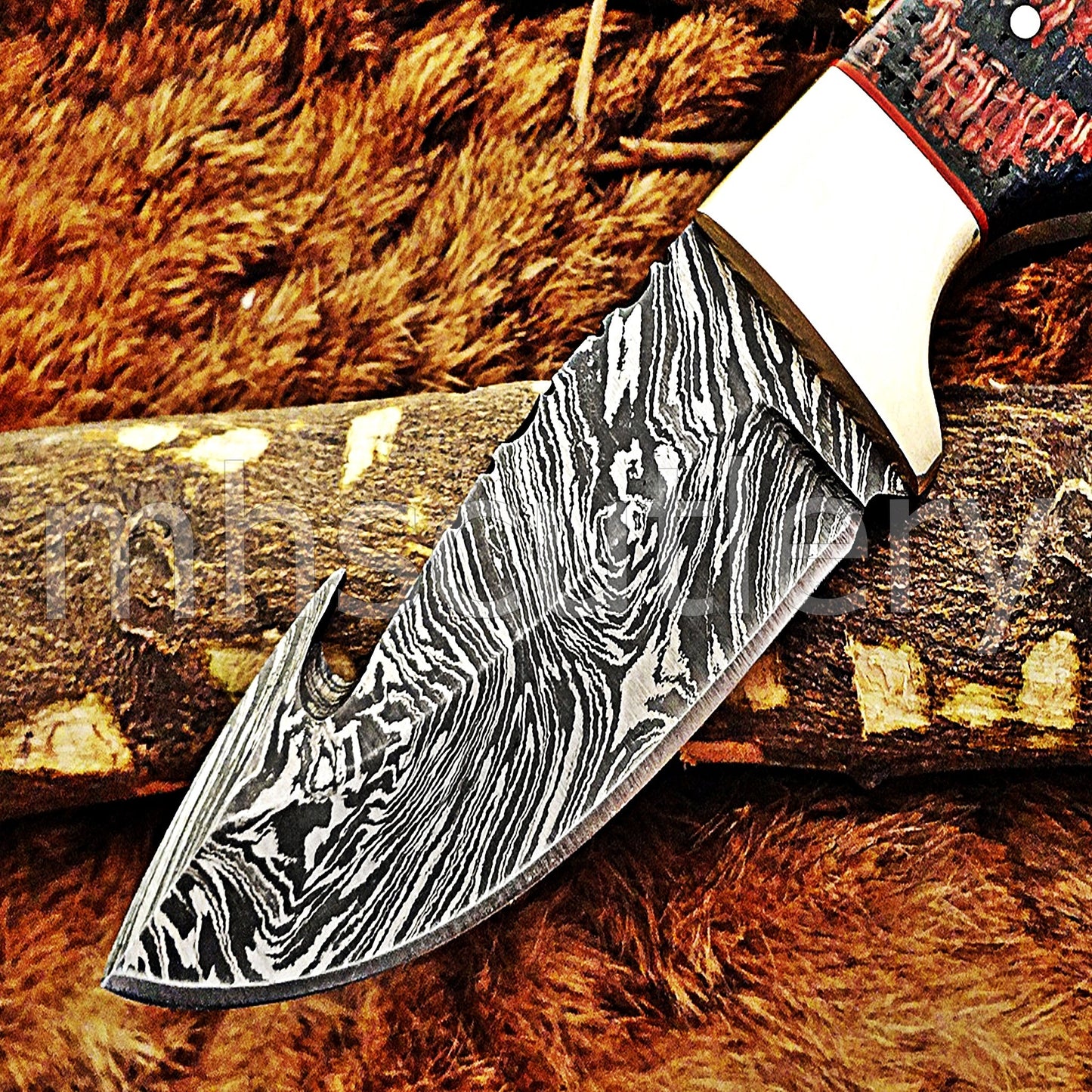 Hand Forged Damascus Steel Gut Hook Hunter Knife / Micarta Handle