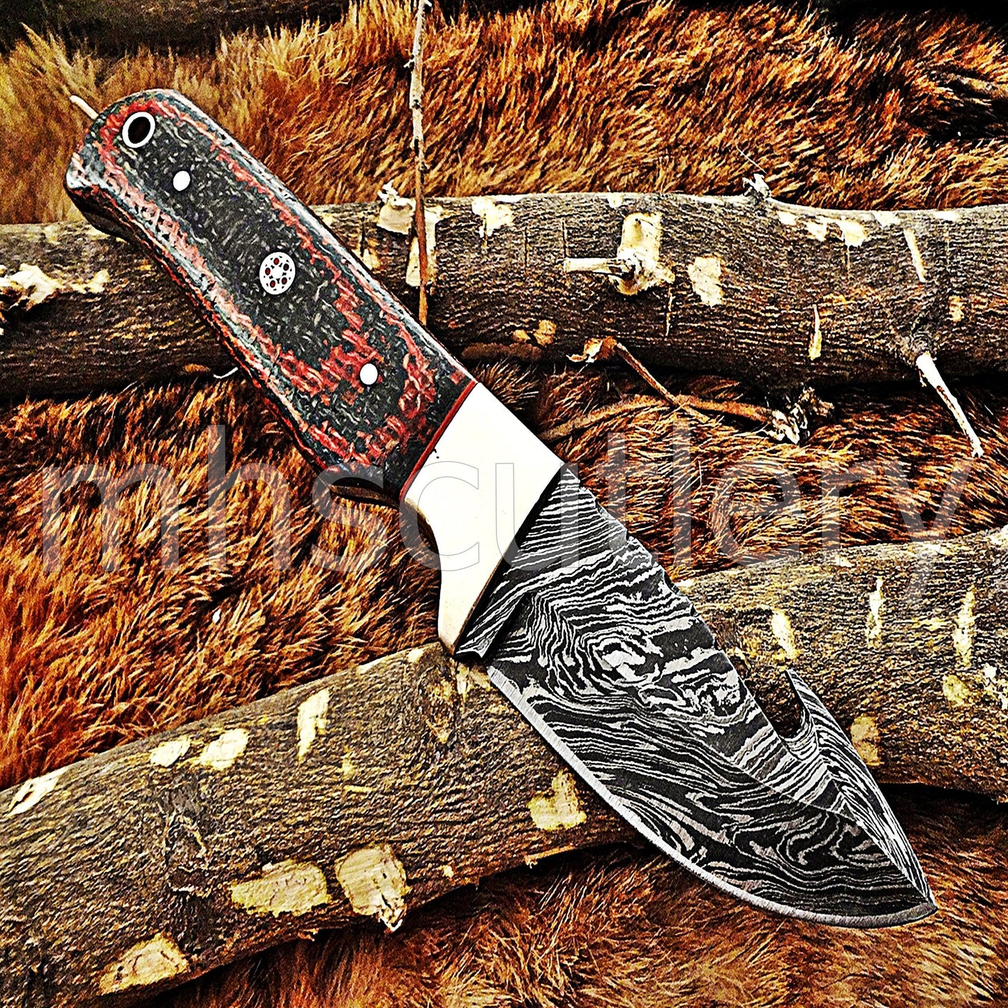 Hand Forged Damascus Steel Gut Hook Hunter Knife / Micarta Handle