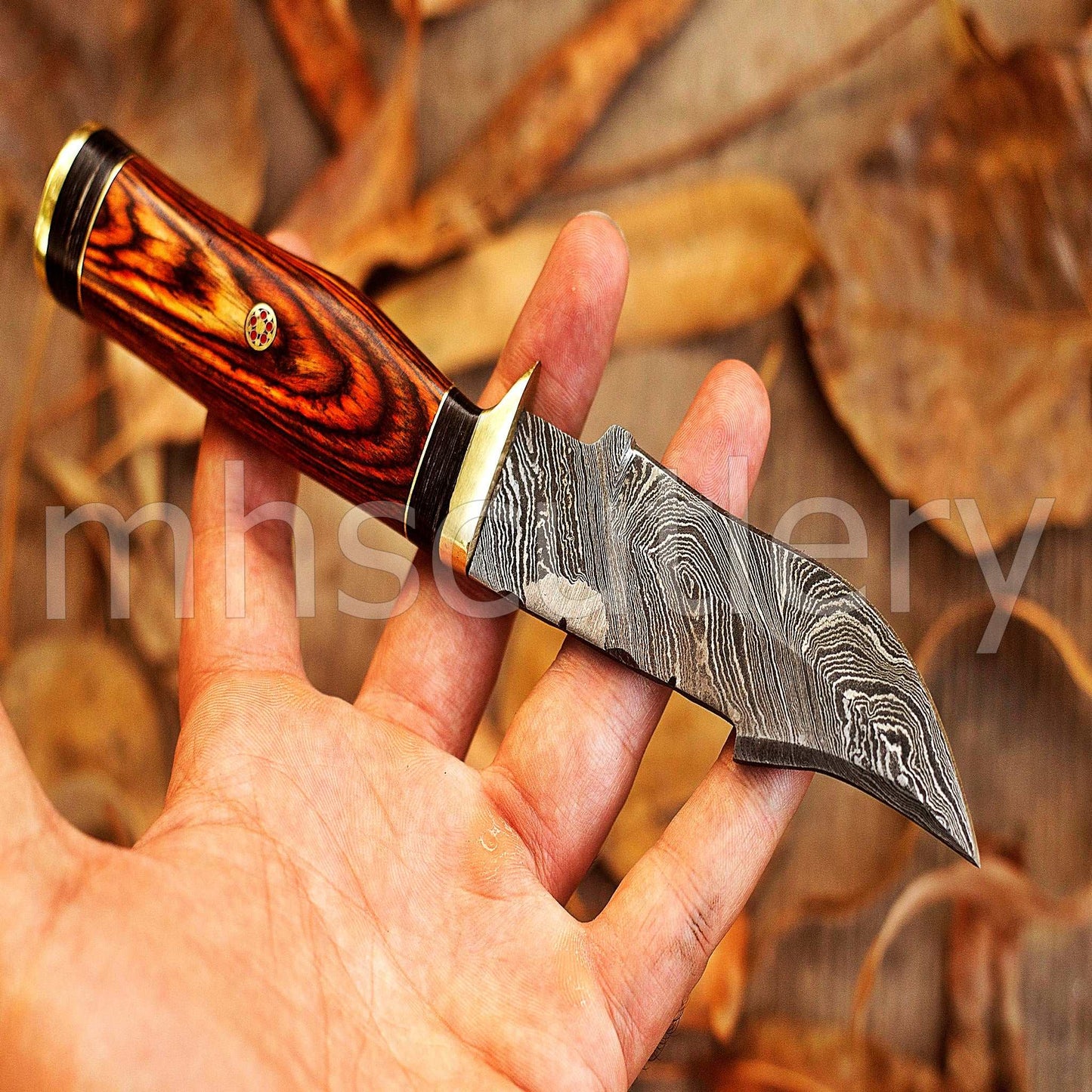 Custom Forged Damascus Steel Rat-Tail Skinner Knife With Pakka Wood Handle