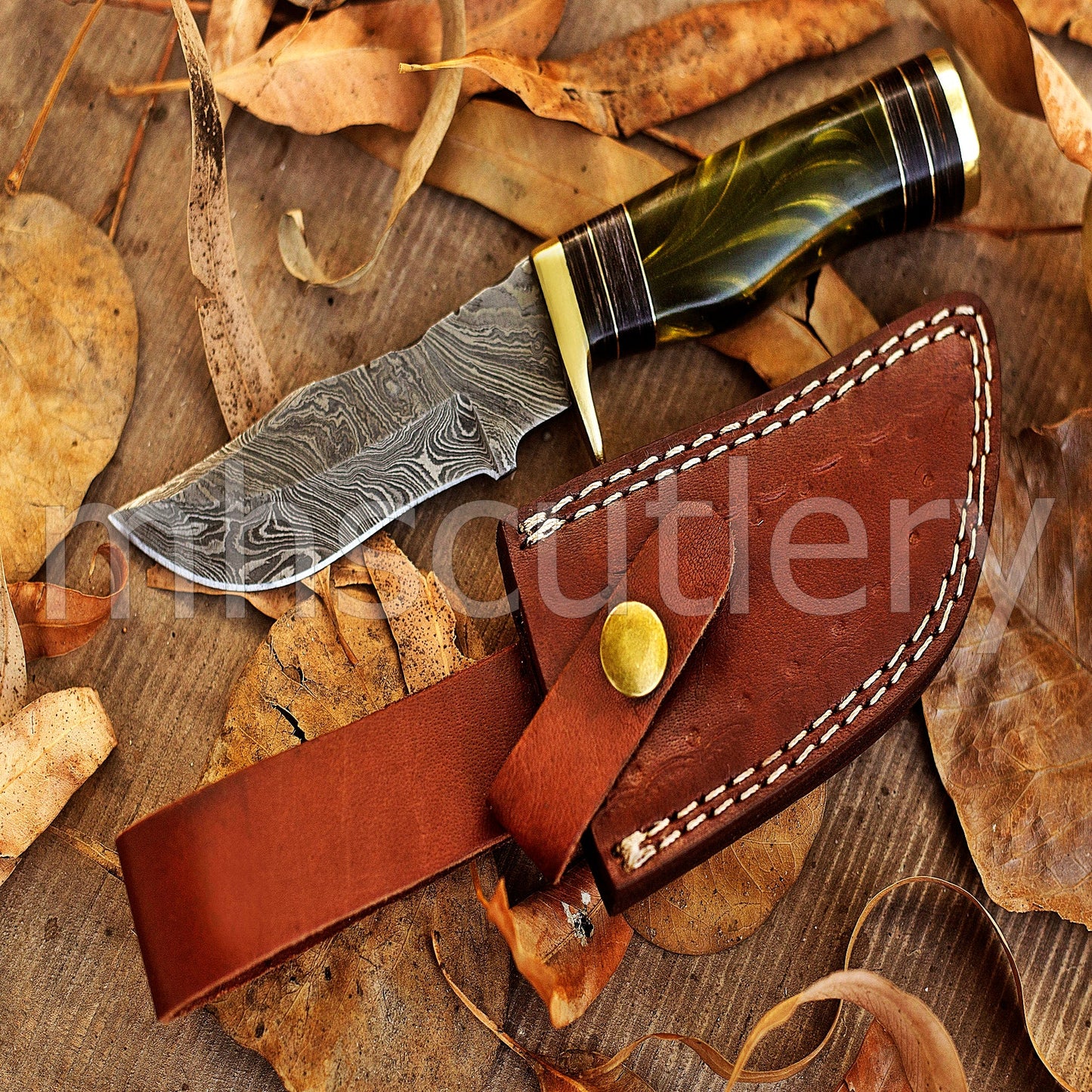 Hand Forged Damascus Steel Rat-Tail Skinning Knife With Resin Handle