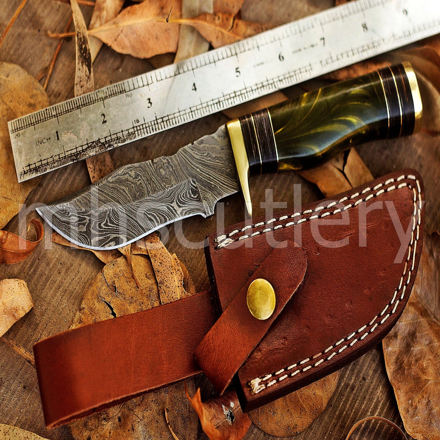 Hand Forged Damascus Steel Rat-Tail Skinning Knife With Resin Handle