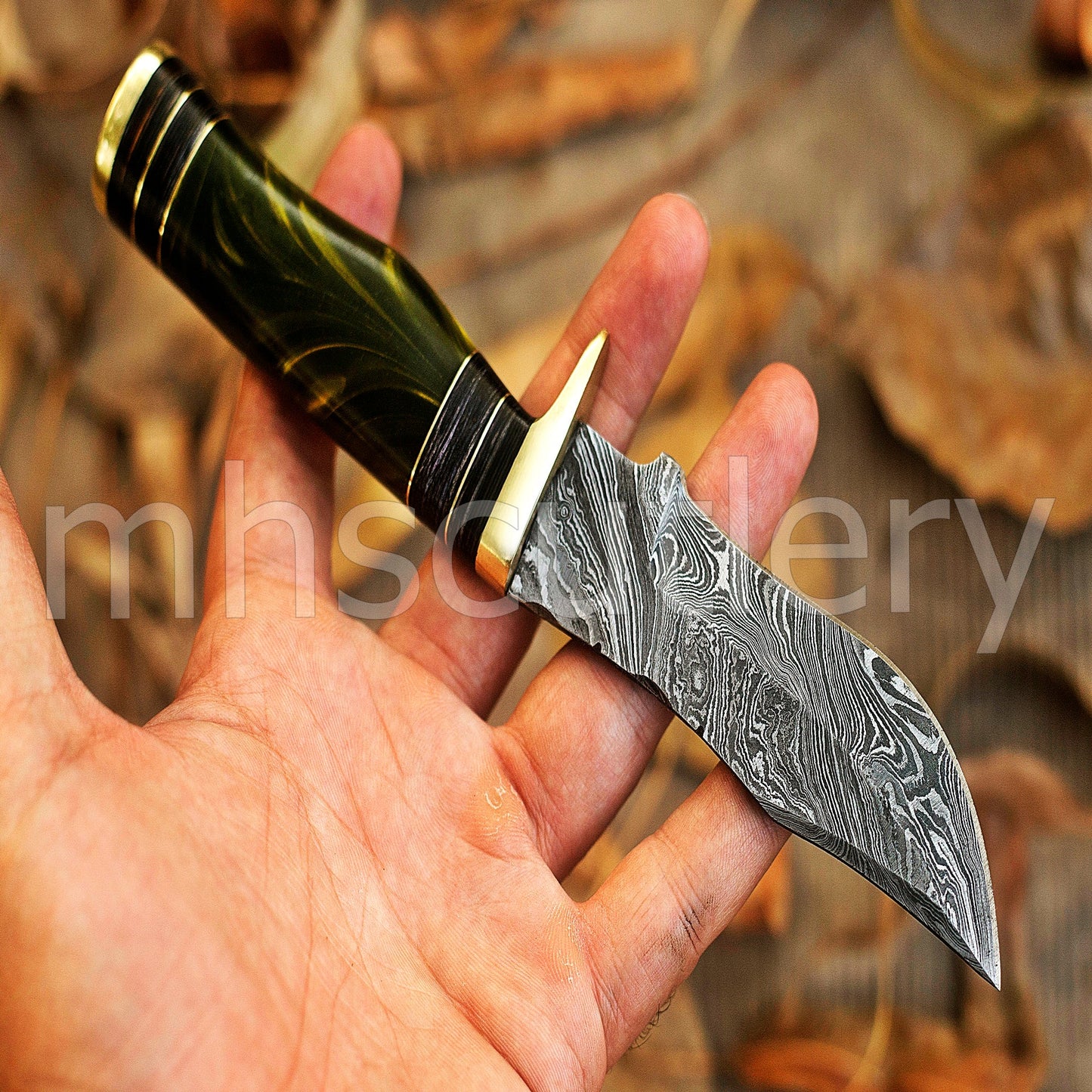 Hand Forged Damascus Steel Rat-Tail Skinning Knife With Resin Handle