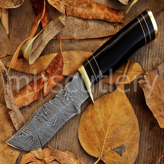 Custom Damascus Steel Hunting Skinner Round Handle Knife With Bull Horn Handle