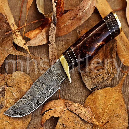 Hand Forged Damascus Steel Skinner Hunting Rat Tail Knife With Resin Handle