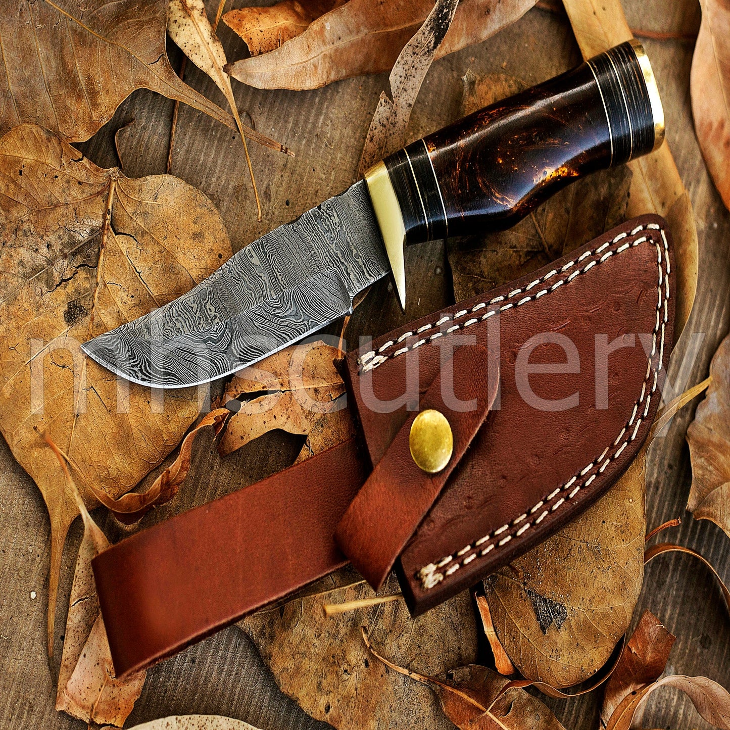 Hand Forged Damascus Steel Skinner Hunting Rat Tail Knife With Resin Handle