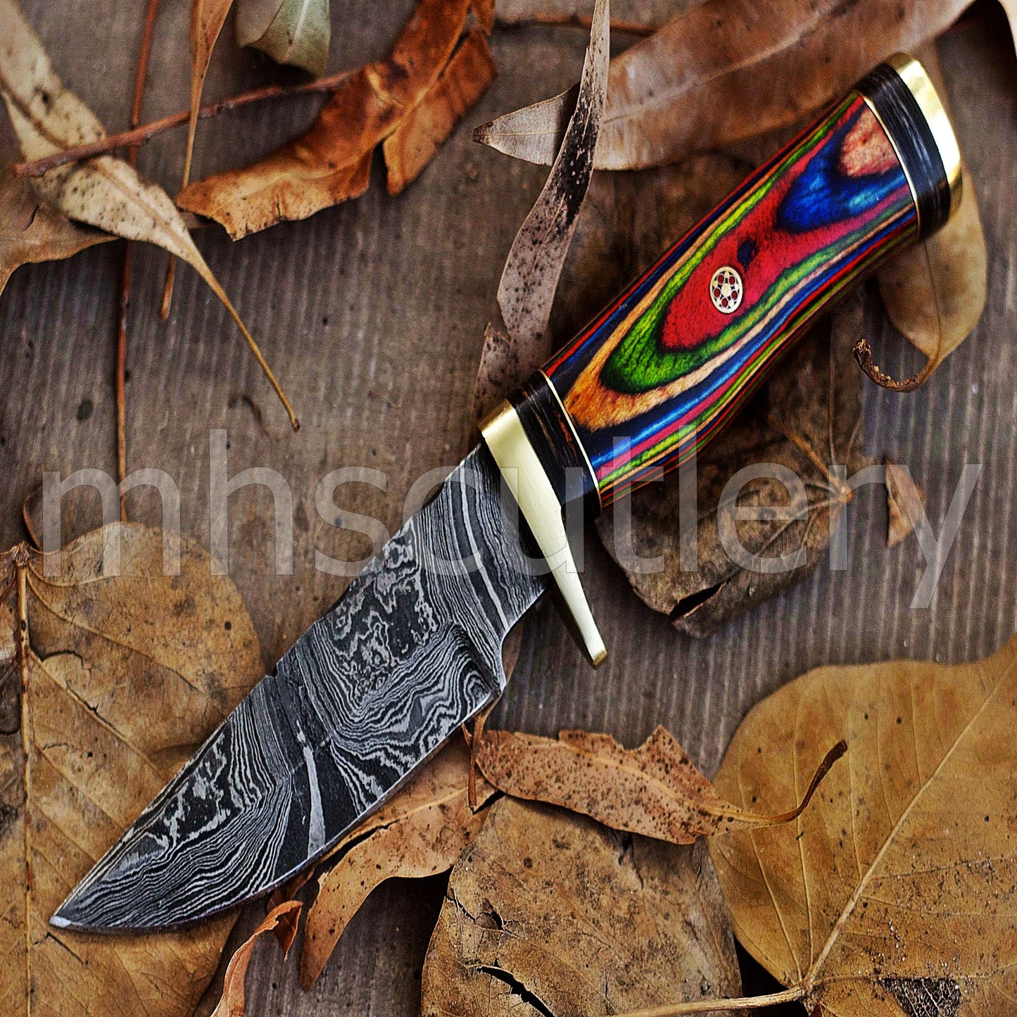 Custom Handmade Damascus Steel Skinner Knife With Rainbow Handle