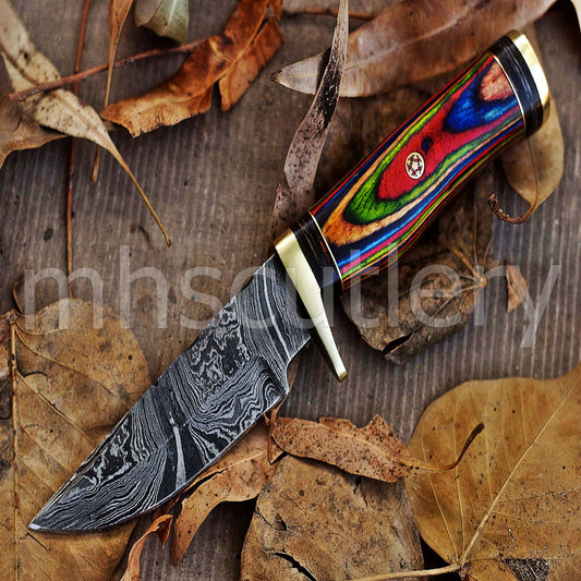 Custom Handmade Damascus Steel Skinner Knife With Rainbow Handle