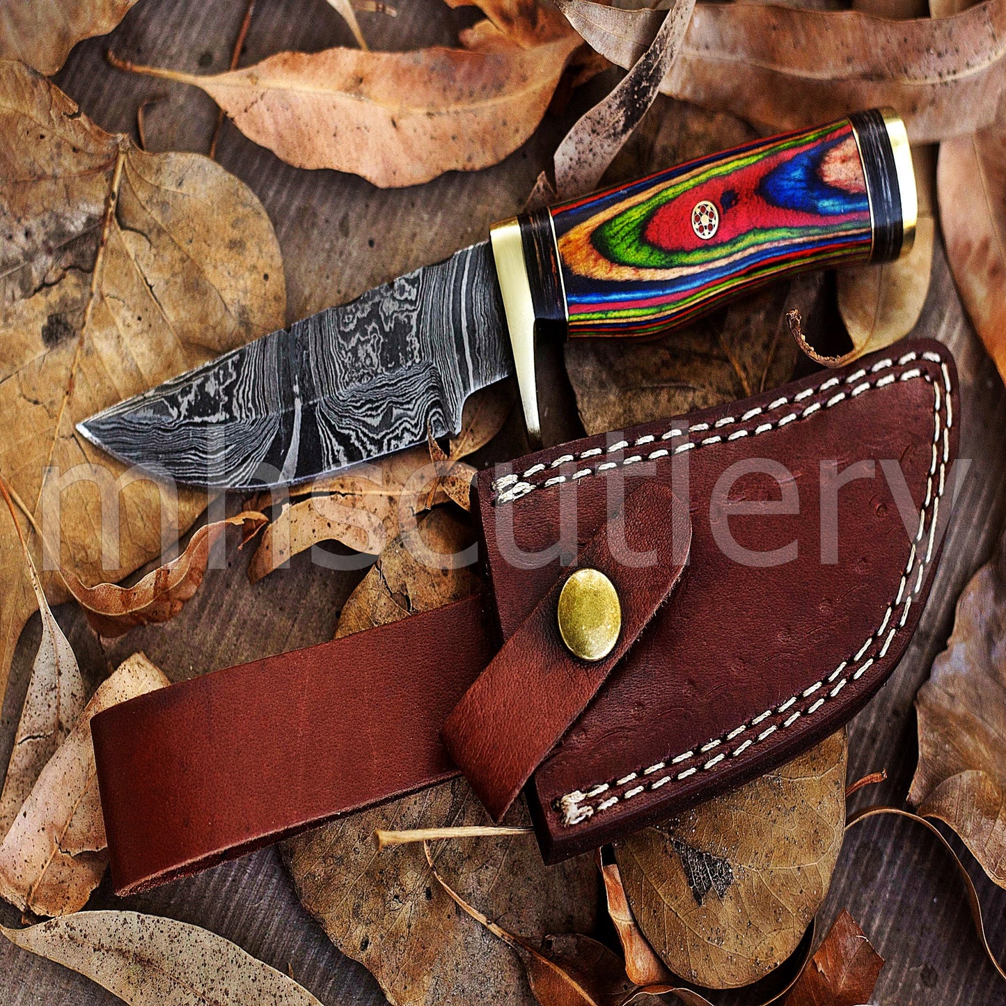 Custom Handmade Damascus Steel Skinner Knife With Rainbow Handle