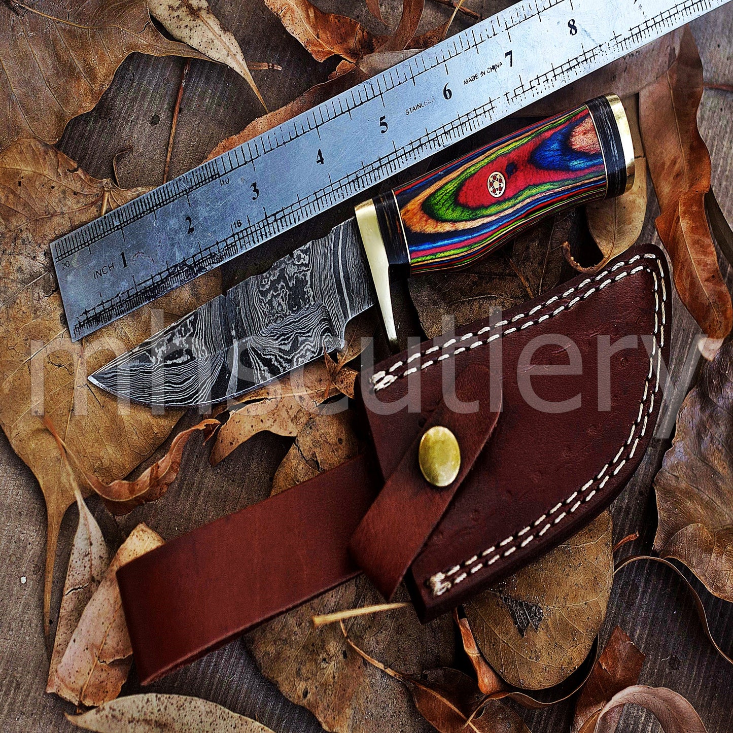 Custom Handmade Damascus Steel Skinner Knife With Rainbow Handle