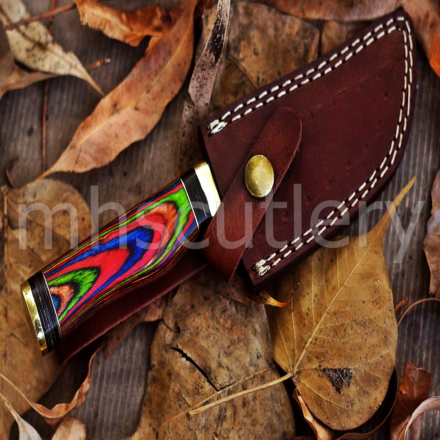 Custom Handmade Damascus Steel Skinner Knife With Rainbow Handle