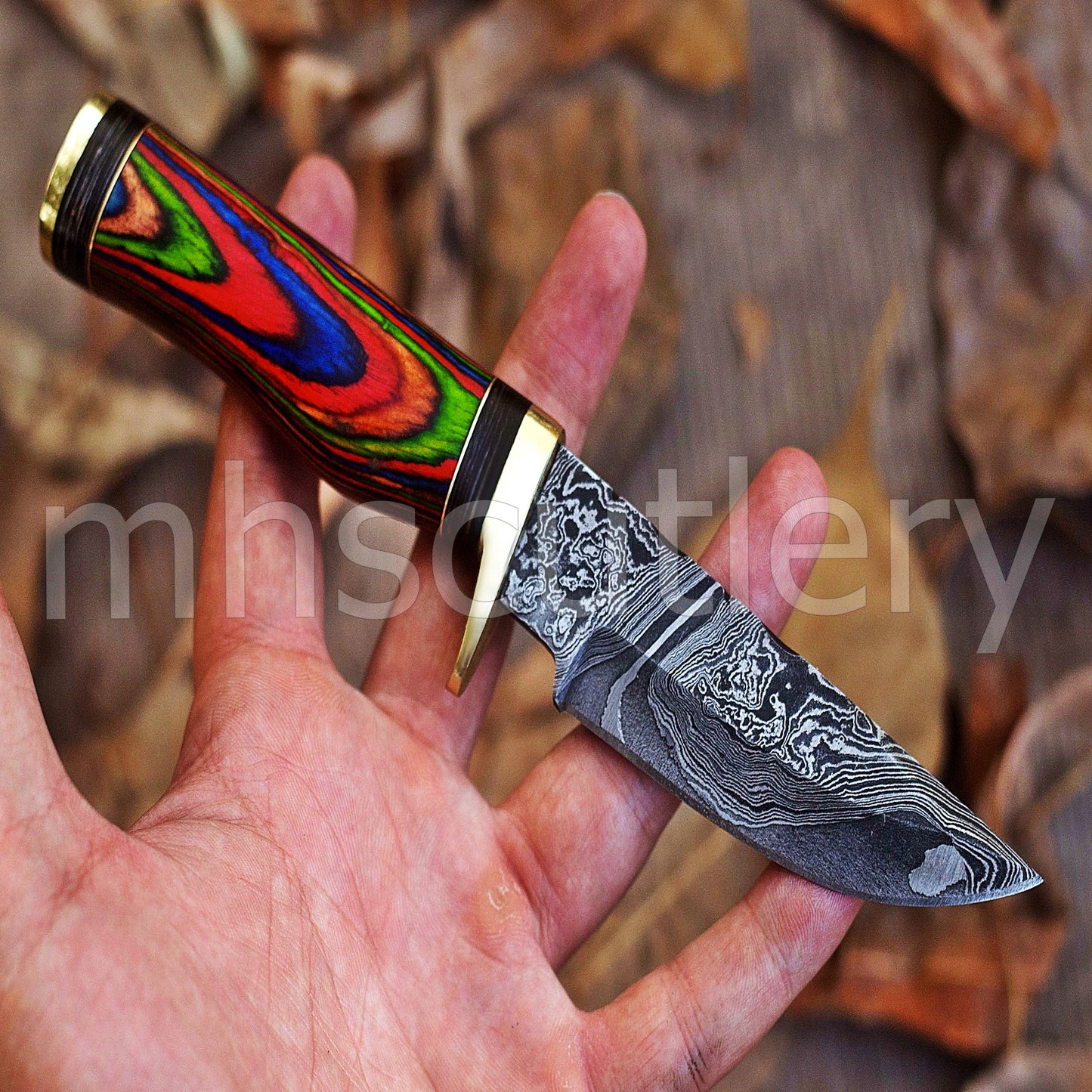 Custom Handmade Damascus Steel Skinner Knife With Rainbow Handle