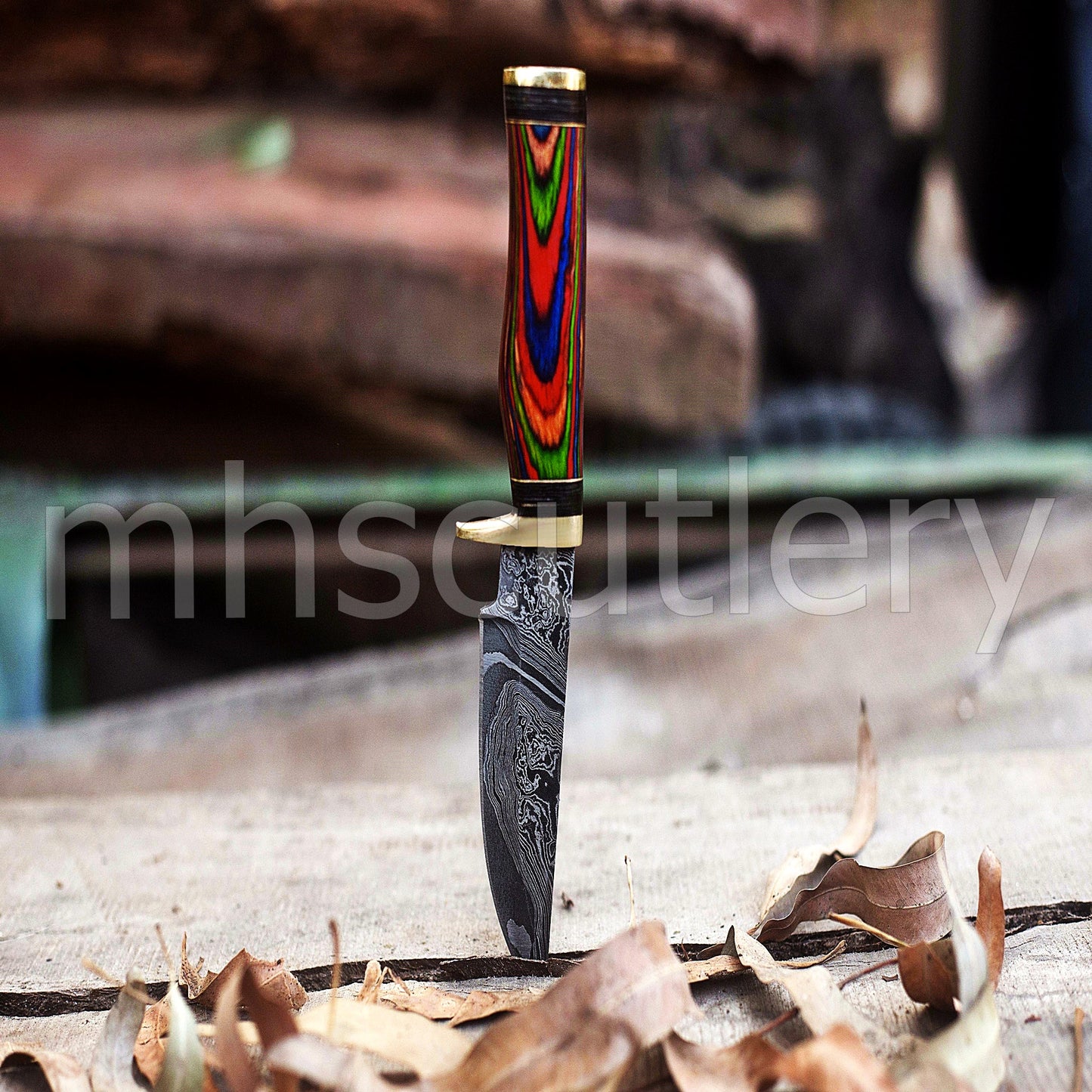 Custom Handmade Damascus Steel Skinner Knife With Rainbow Handle