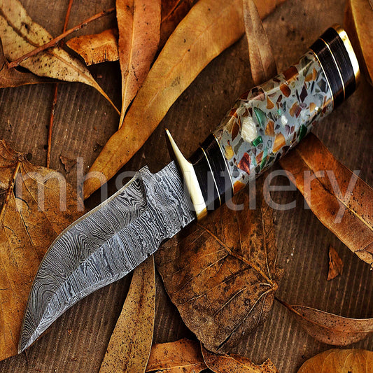 Custom Made Damascus Steel Skinning Knife With Pebble Resin Handle