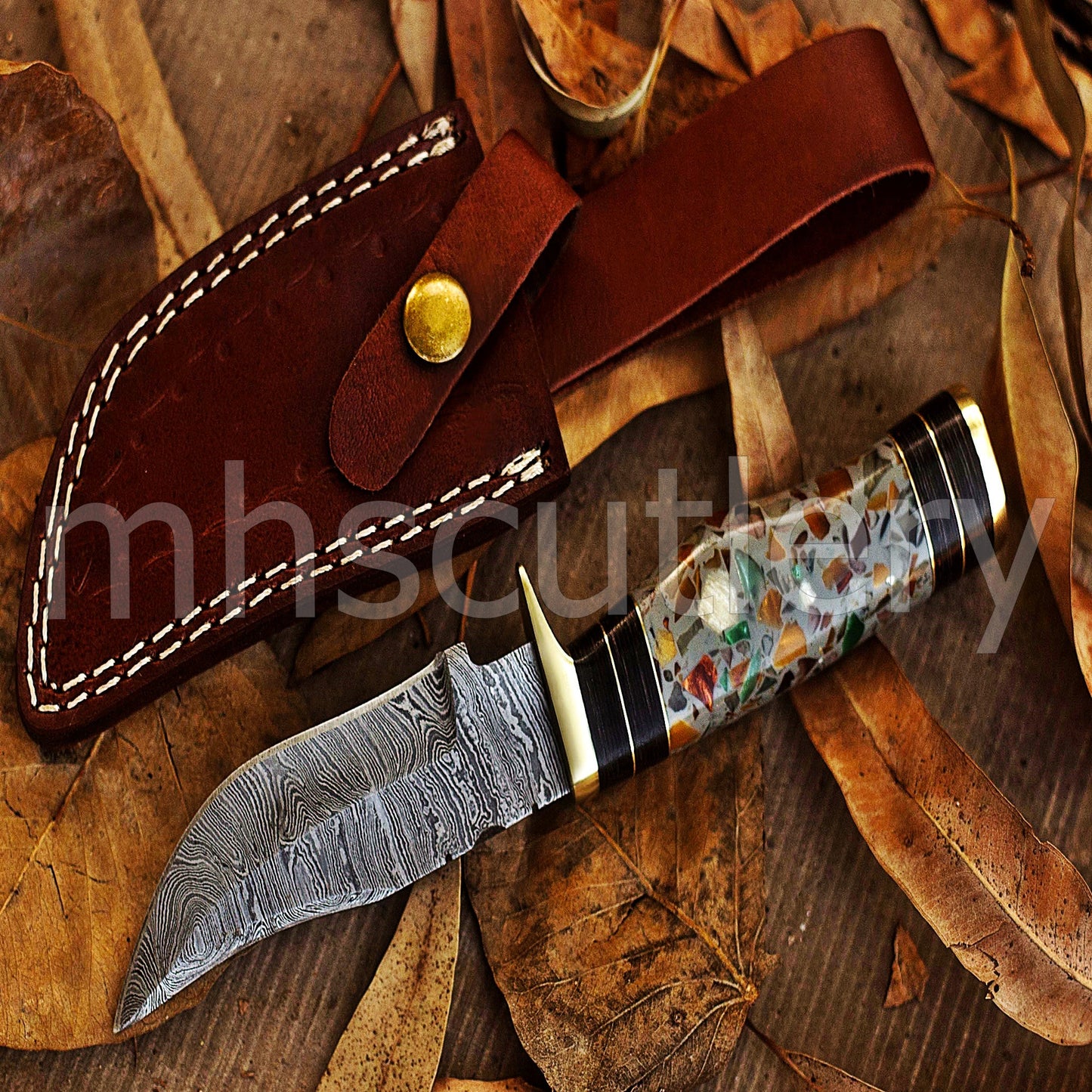 Custom Made Damascus Steel Skinning Knife With Pebble Resin Handle