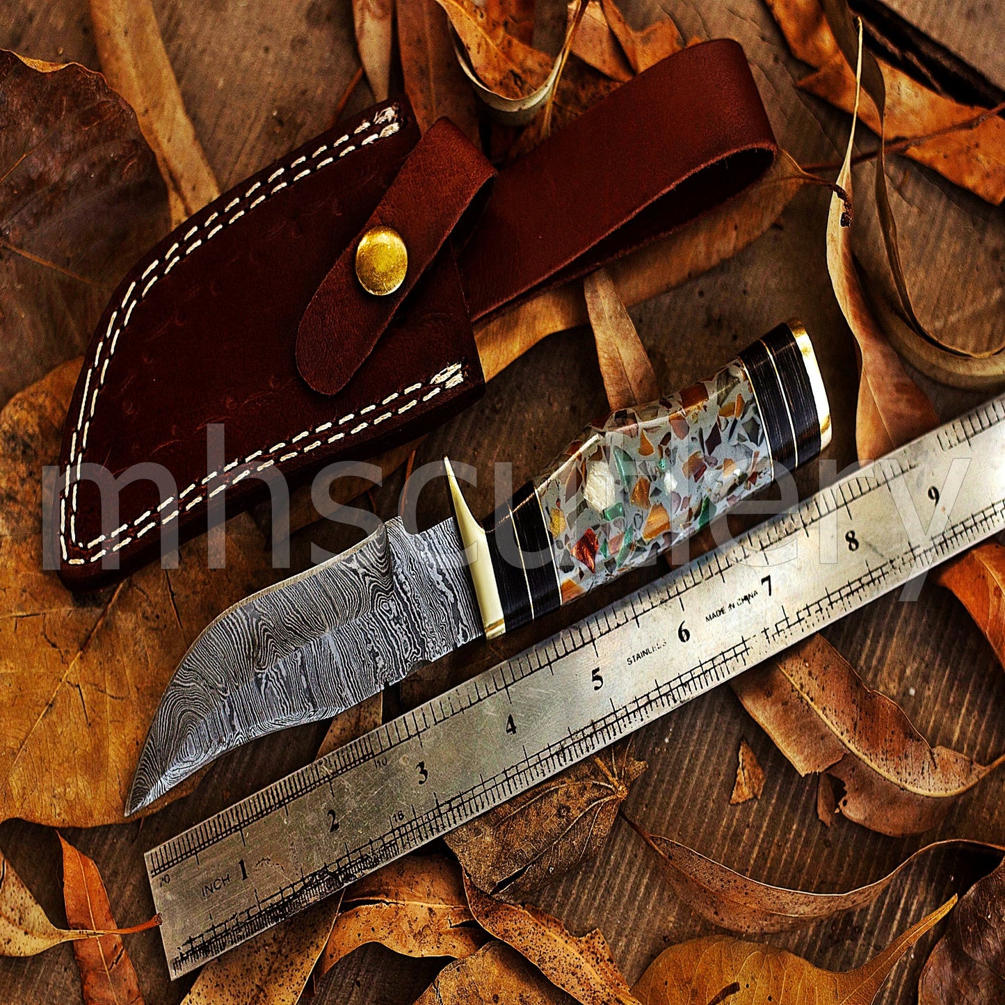 Custom Made Damascus Steel Skinning Knife With Pebble Resin Handle