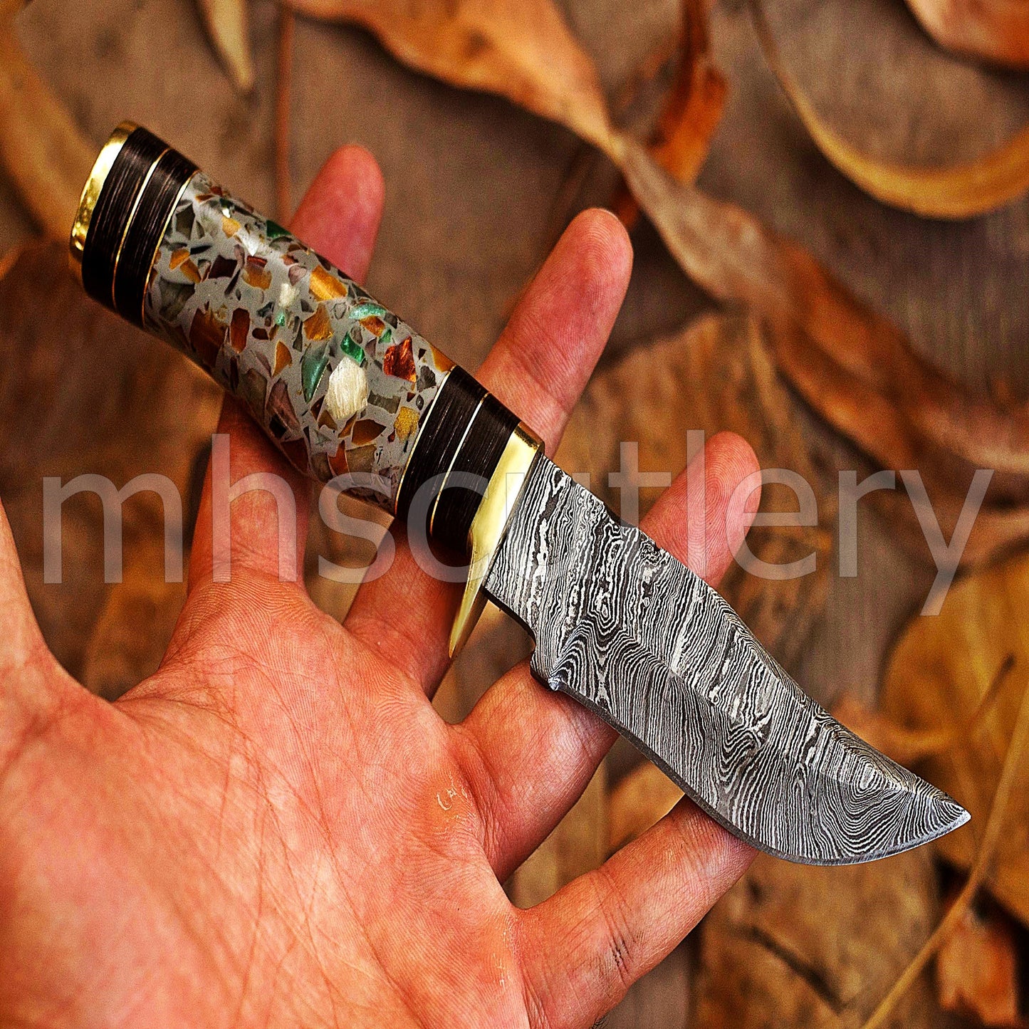 Custom Made Damascus Steel Skinning Knife With Pebble Resin Handle