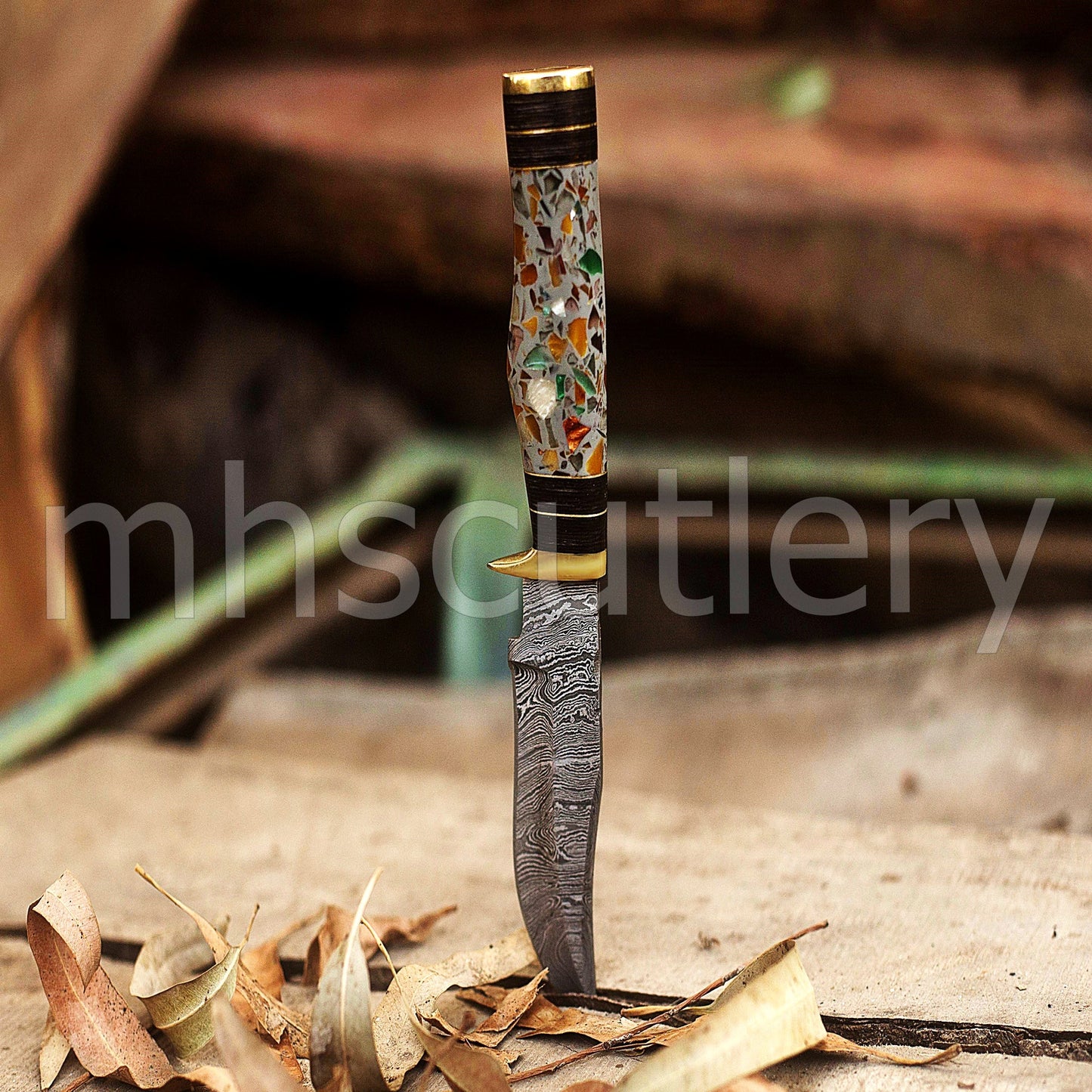 Custom Made Damascus Steel Skinning Knife With Pebble Resin Handle