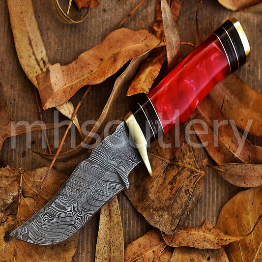 Custom Forged Damascus Steel Hunting Skinner Knife With Pink Resin Handle