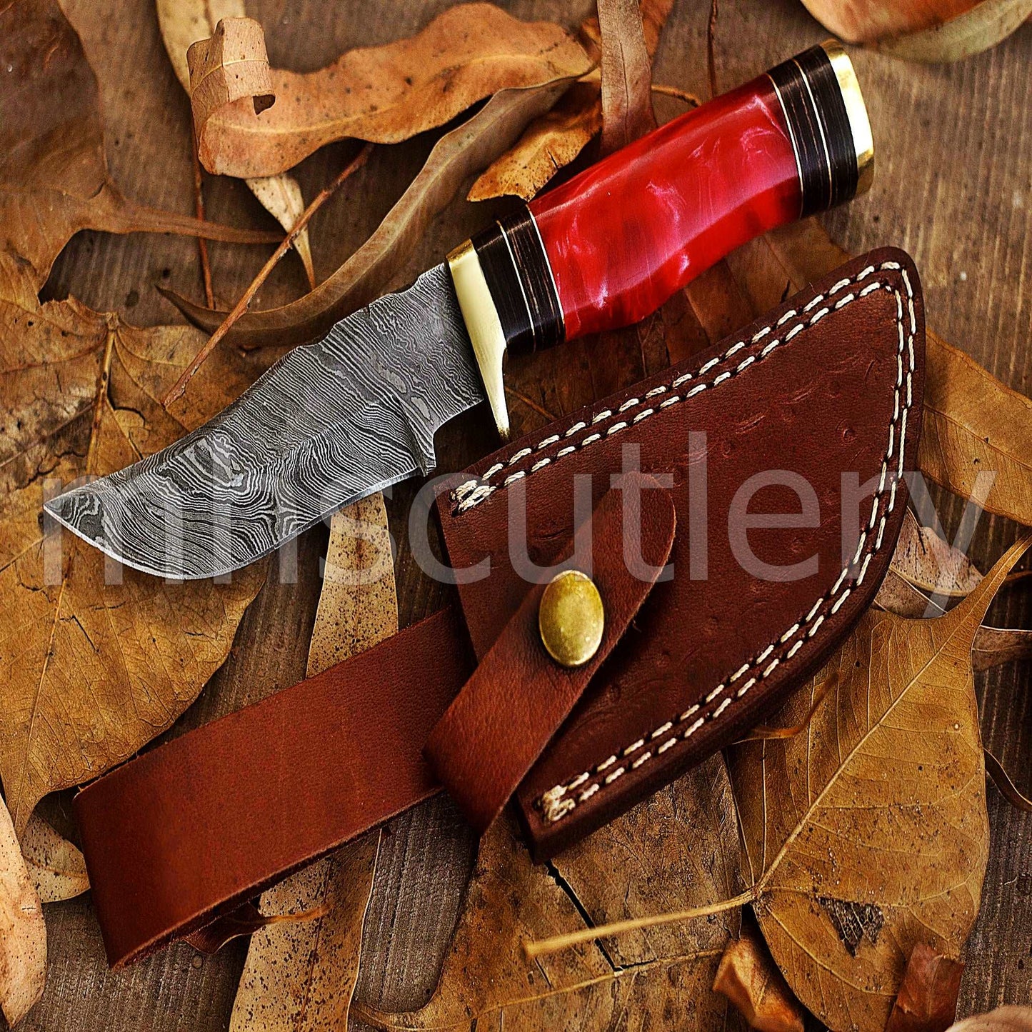 Custom Forged Damascus Steel Hunting Skinner Knife With Pink Resin Handle