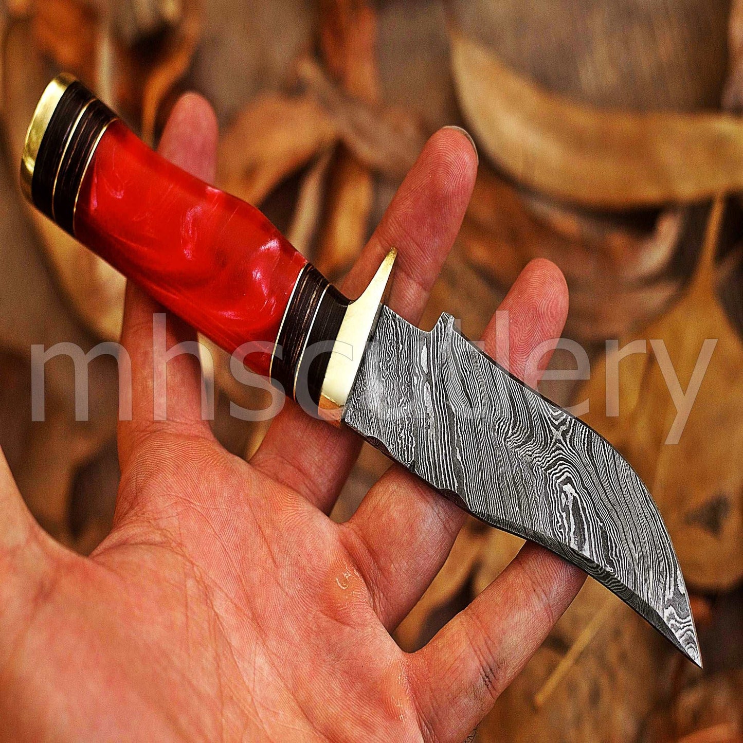 Custom Forged Damascus Steel Hunting Skinner Knife With Pink Resin Handle