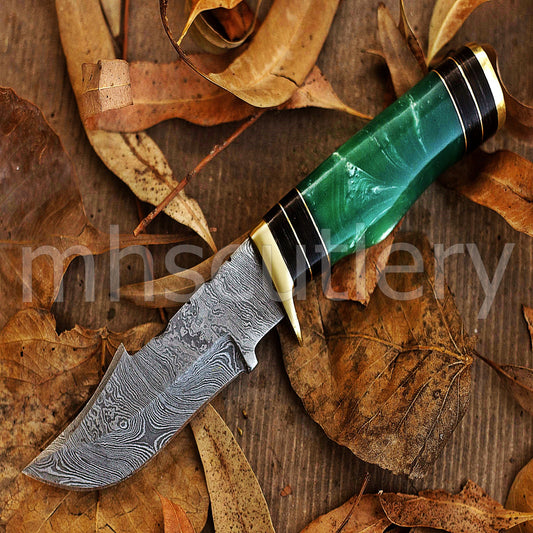 Custom Made Damascus Steel Hunter Skinning Knife With Green Resin Handle