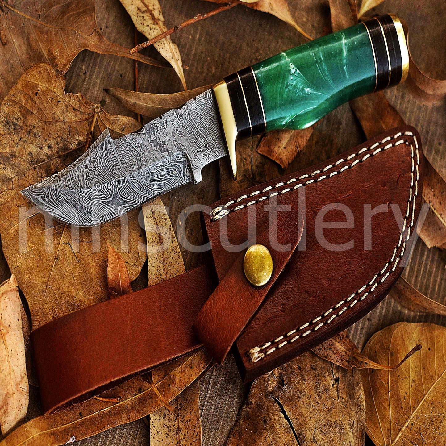 Custom Made Damascus Steel Hunter Skinning Knife With Green Resin Handle