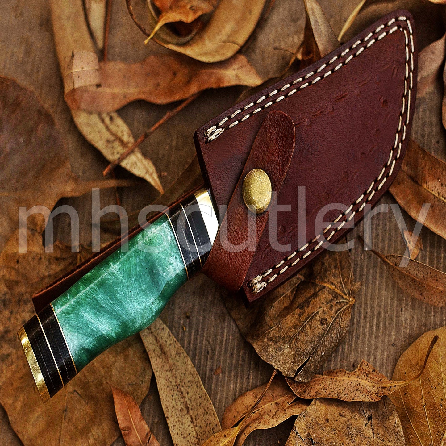 Custom Made Damascus Steel Hunter Skinning Knife With Green Resin Handle